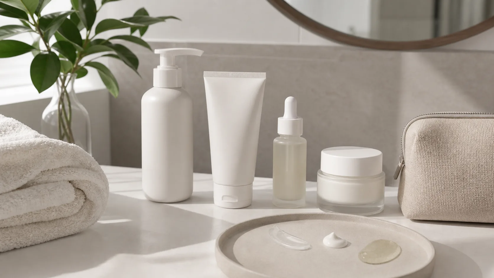Four unlabeled skincare containers beside folded towels, a toiletry bag, and three product textures on a dish.