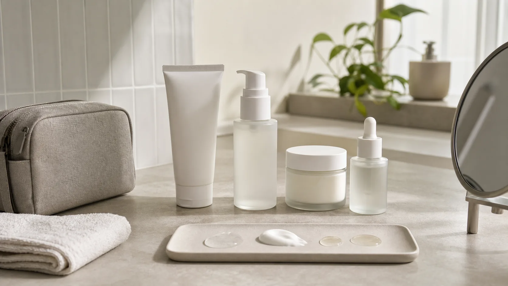 Four unlabeled skincare containers, a toiletry bag, folded towels, and a tabletop mirror on a bathroom counter.