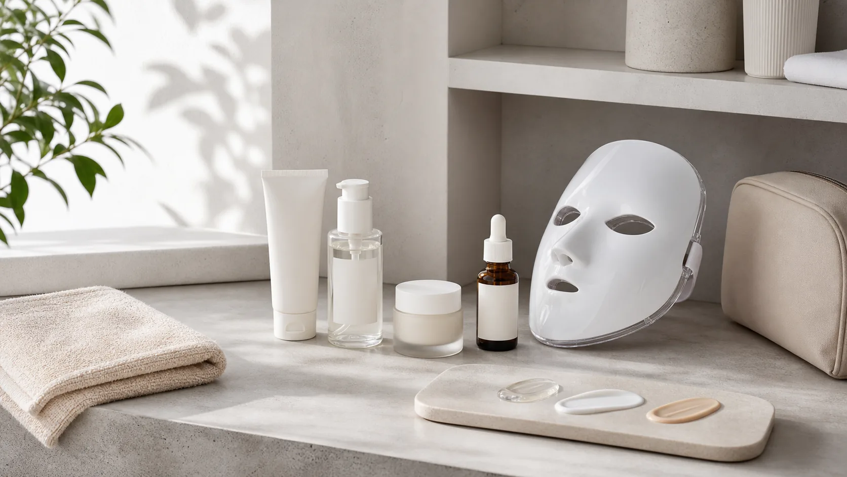 A white face-shaped light mask beside four unlabeled skincare containers, a folded towel, toiletry bag, and three product textures.