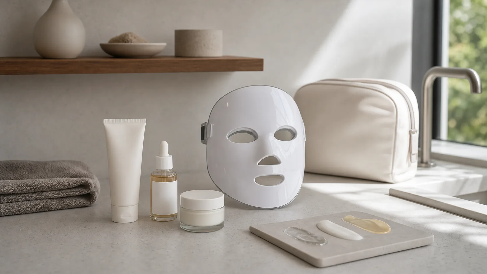 A white face-shaped light mask beside three unlabeled skincare containers, folded towels, a toiletry bag, and product textures.