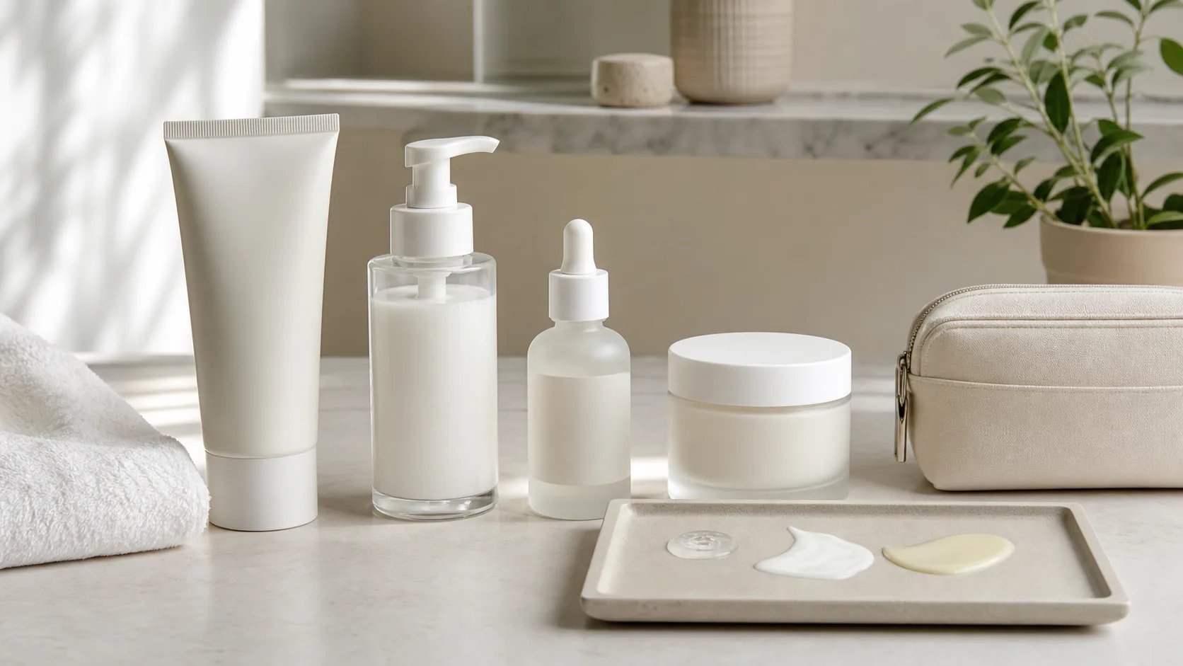 Unlabeled tube, pump bottle, dropper bottle, and cream jar behind a tray with clear, white, and pale yellow textures.