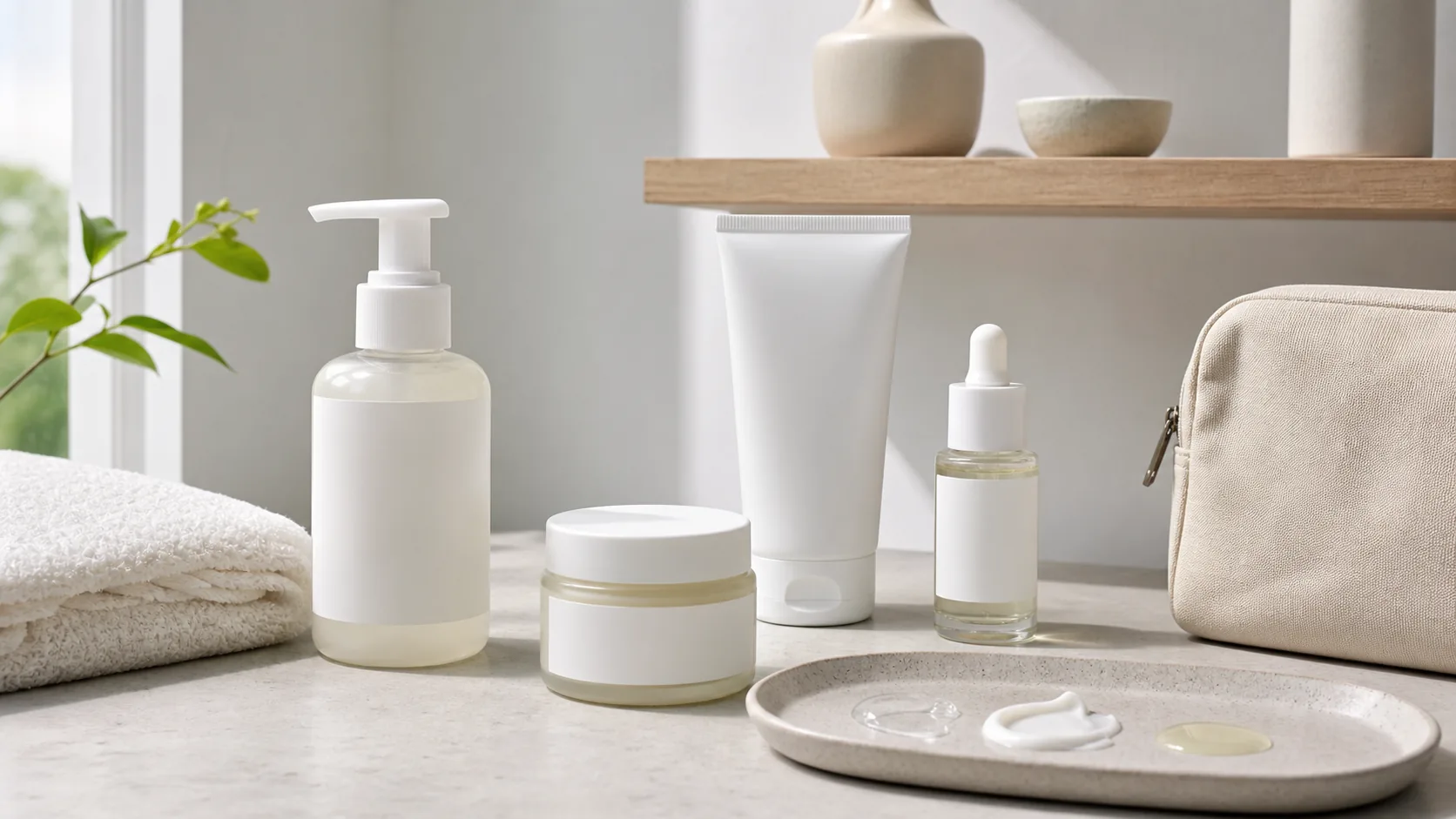 Unlabeled pump bottle, cream jar, tube, and dropper bottle beside a tray of three skincare textures and folded towels.