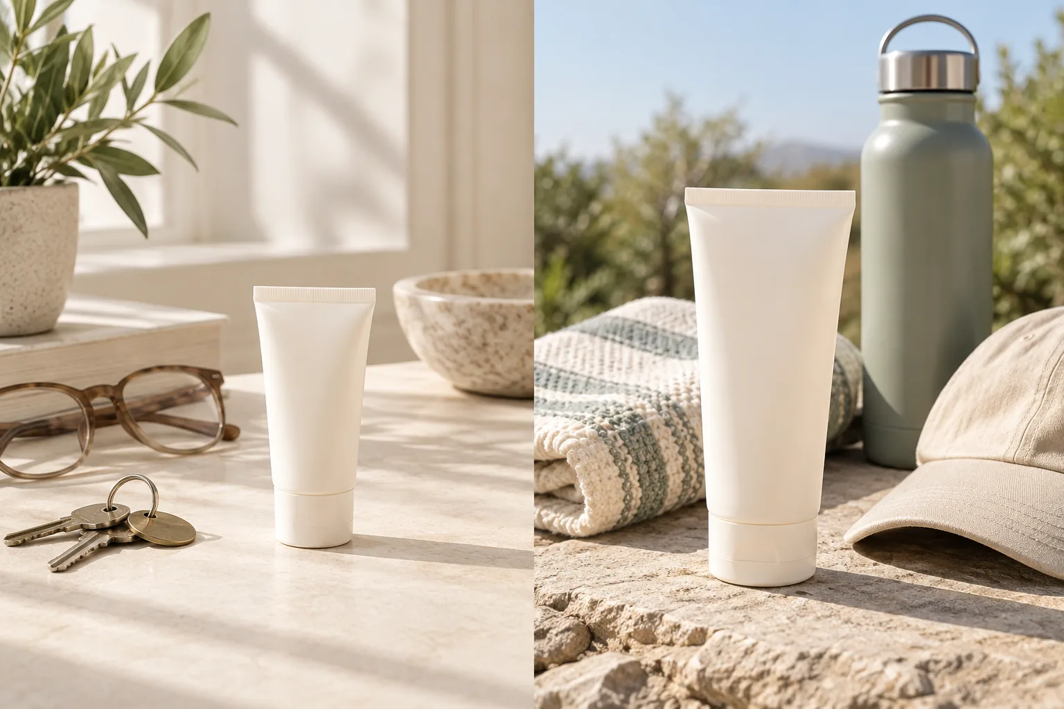 Two unlabeled sunscreen tubes shown in daily indoor and active outdoor settings with keys, eyeglasses, a cap, towel, and water bottle.