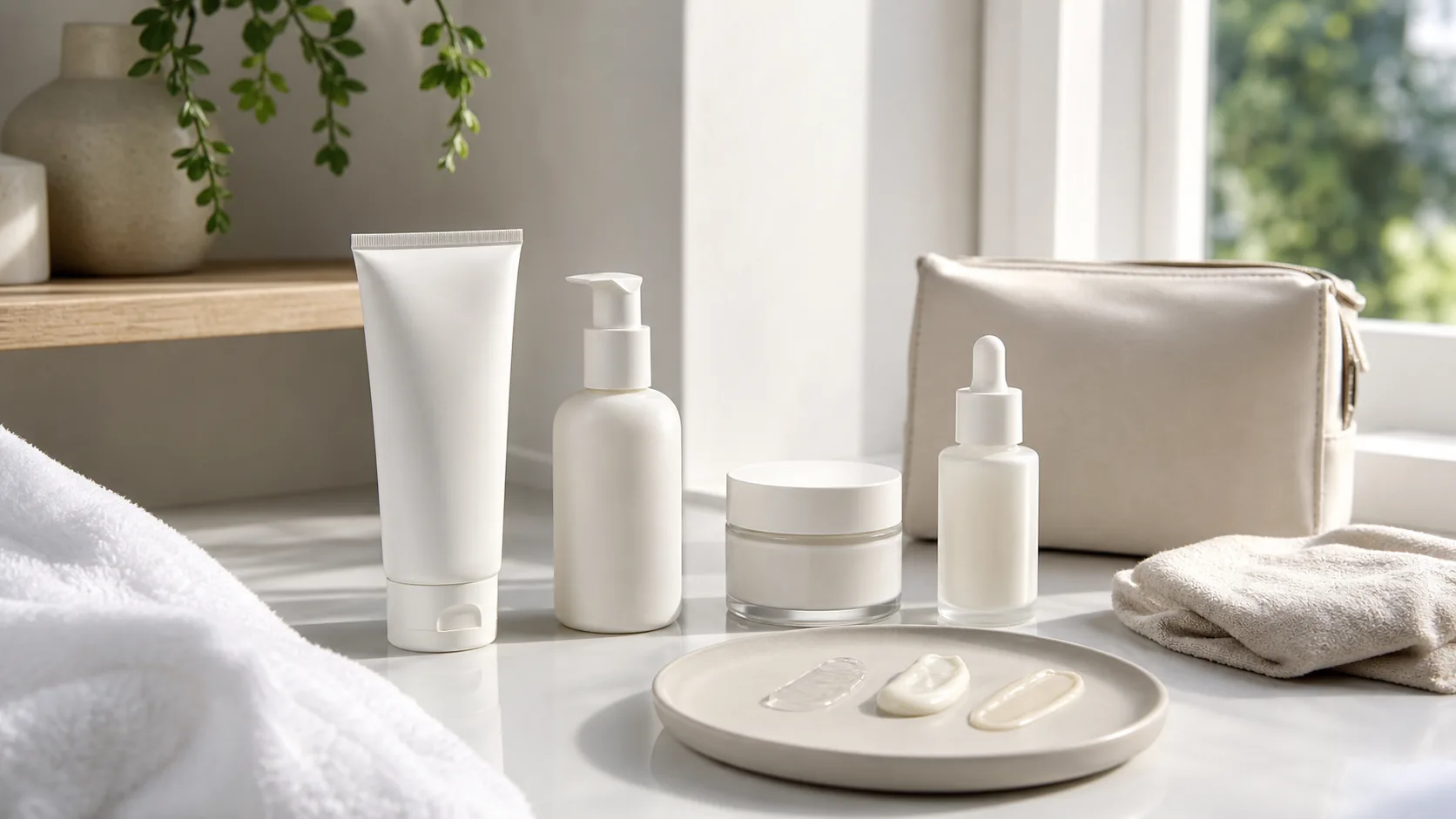 Unlabeled skincare containers and three product textures arranged in soft window light beside towels and a toiletry bag.