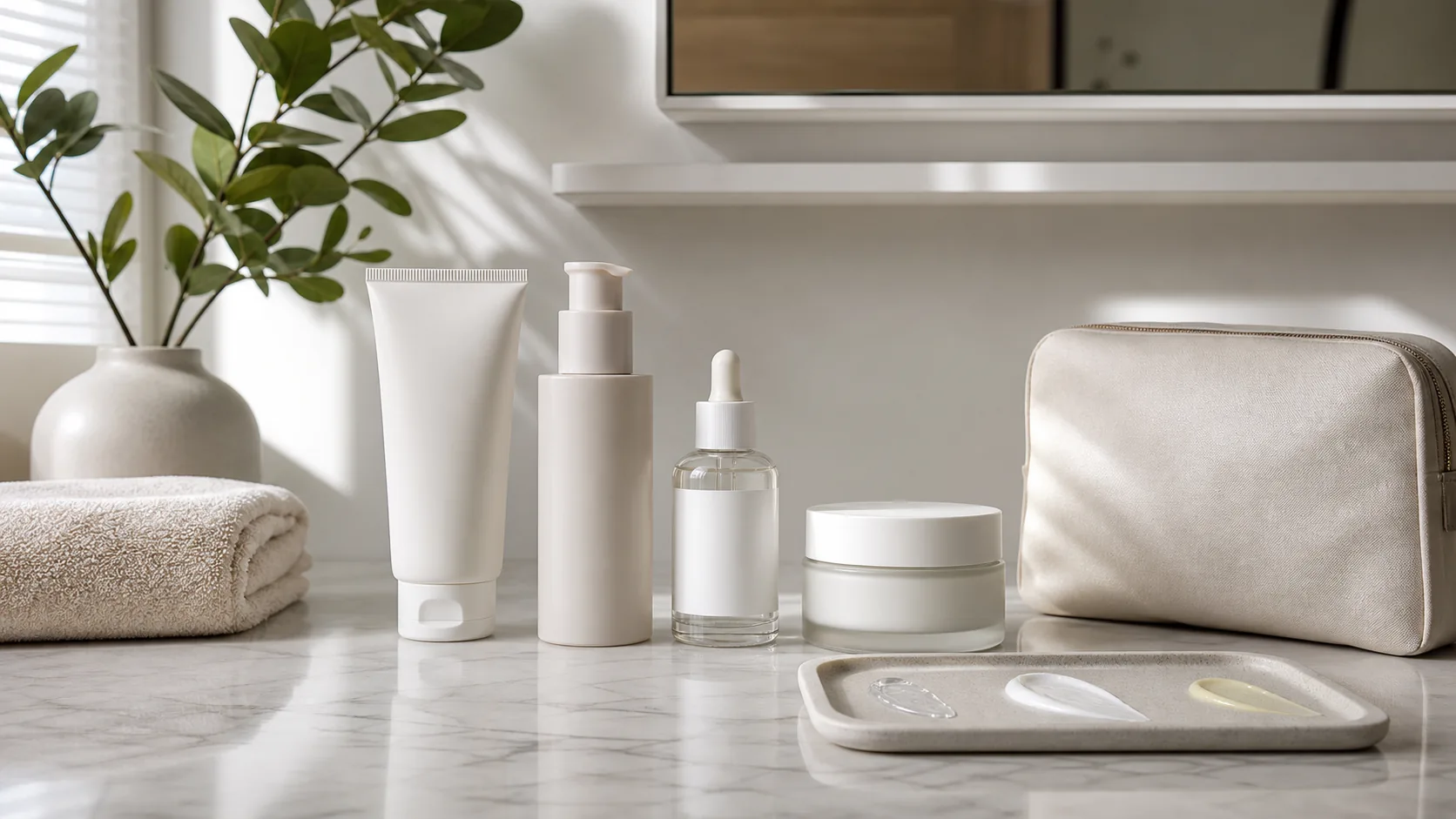 Unlabeled tubes, pump bottles, a dropper bottle, and a cream jar on a bathroom counter beside folded towels.