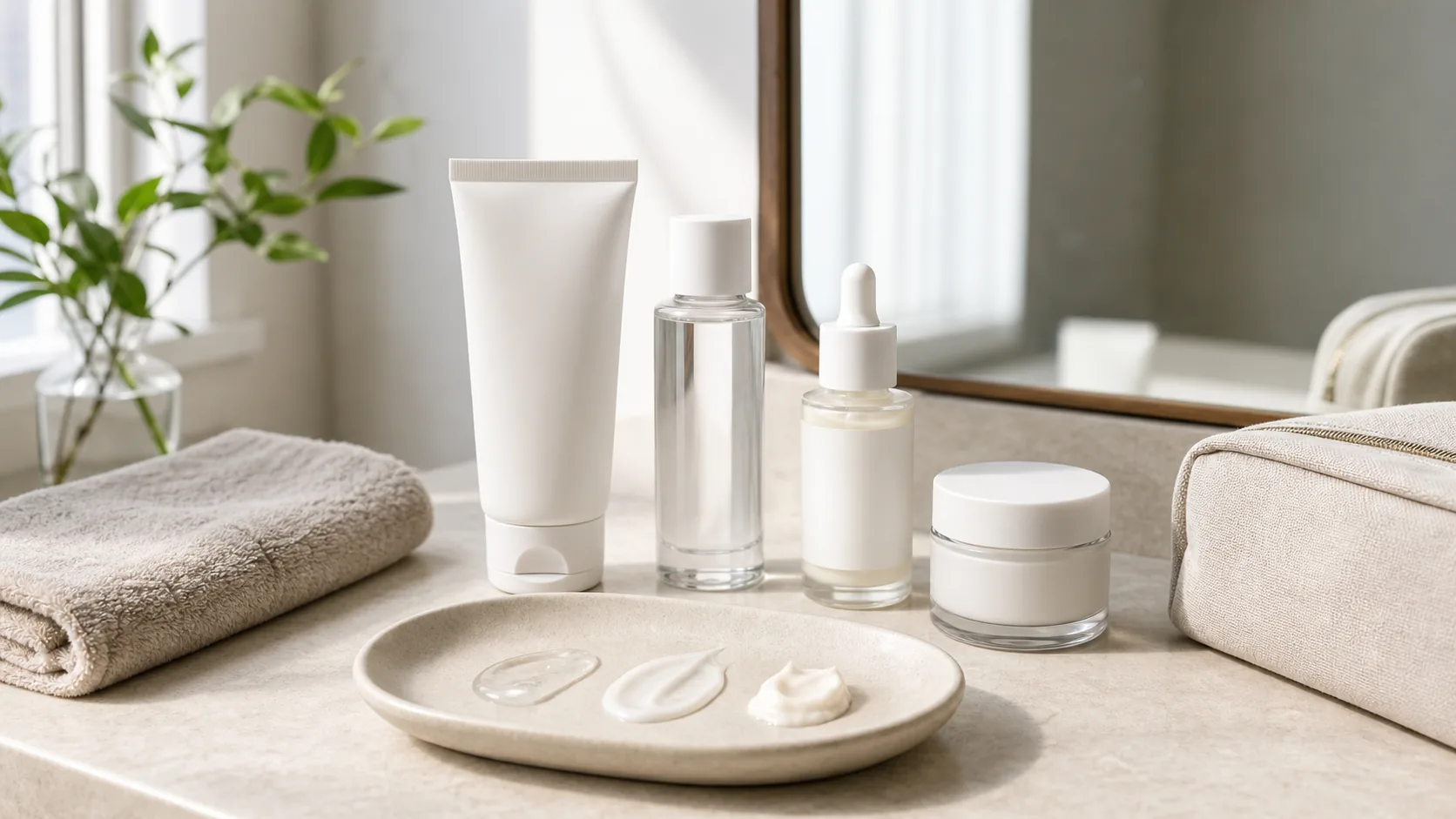 Unlabeled tube, clear bottle, dropper bottle, and cream jar on a counter beside a towel and toiletry bag.