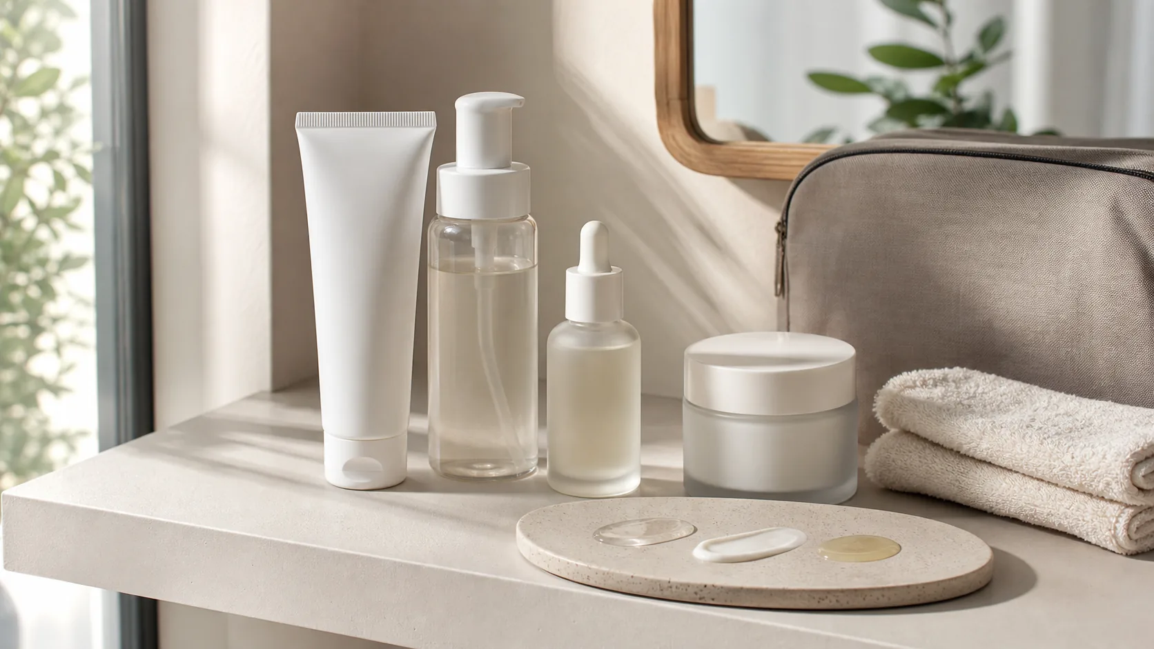 Unlabeled skincare containers and three product textures arranged in sunlight beside folded towels and a toiletry bag.