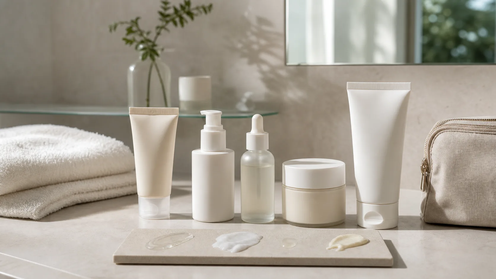 Five unlabeled skincare containers and four product textures arranged on a bright bathroom counter.