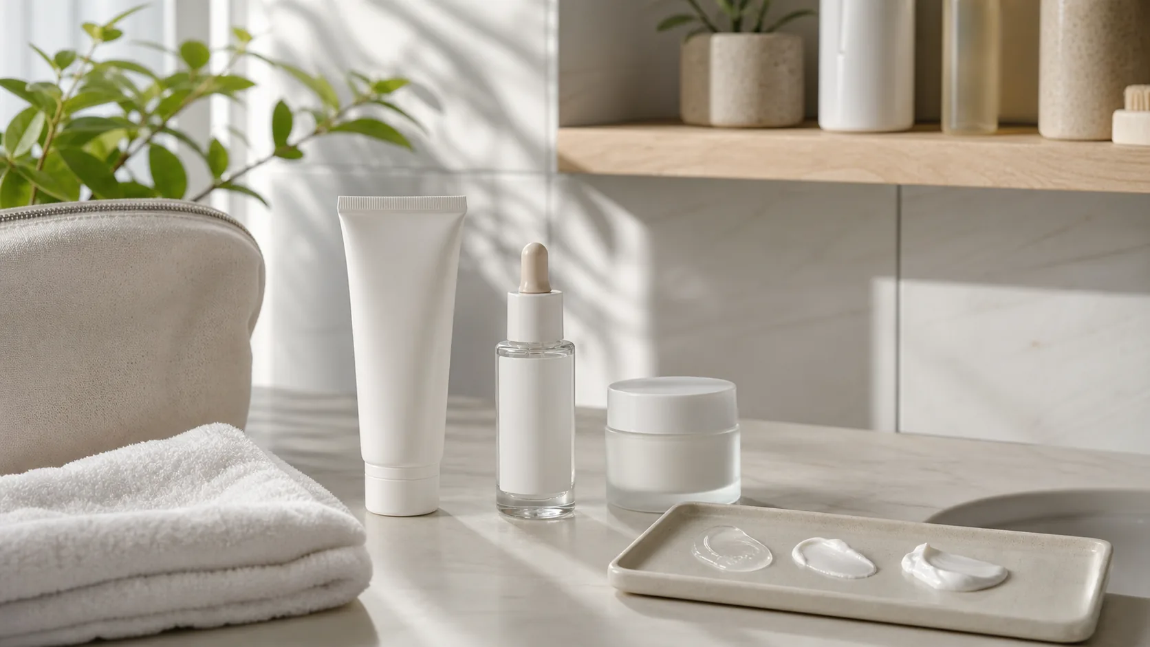 Three unlabeled skincare containers and three clear-to-cream textures beside folded white towels.