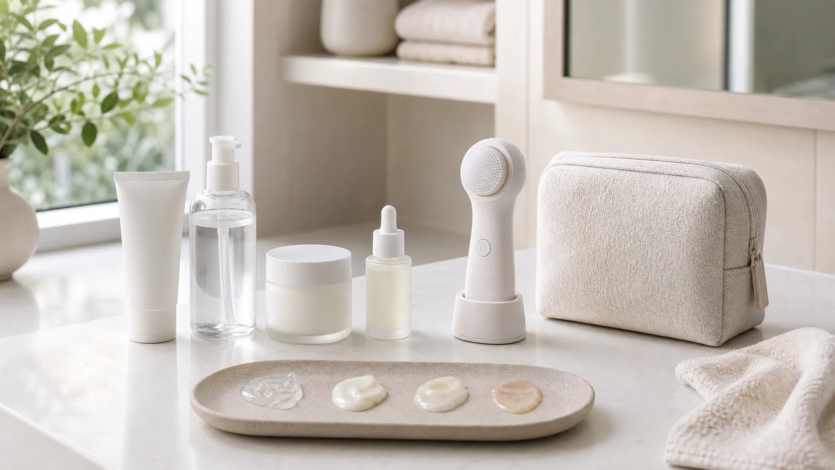 A white handheld facial brush on a stand beside four unlabeled skincare containers, a toiletry bag, towel, and four product textures.