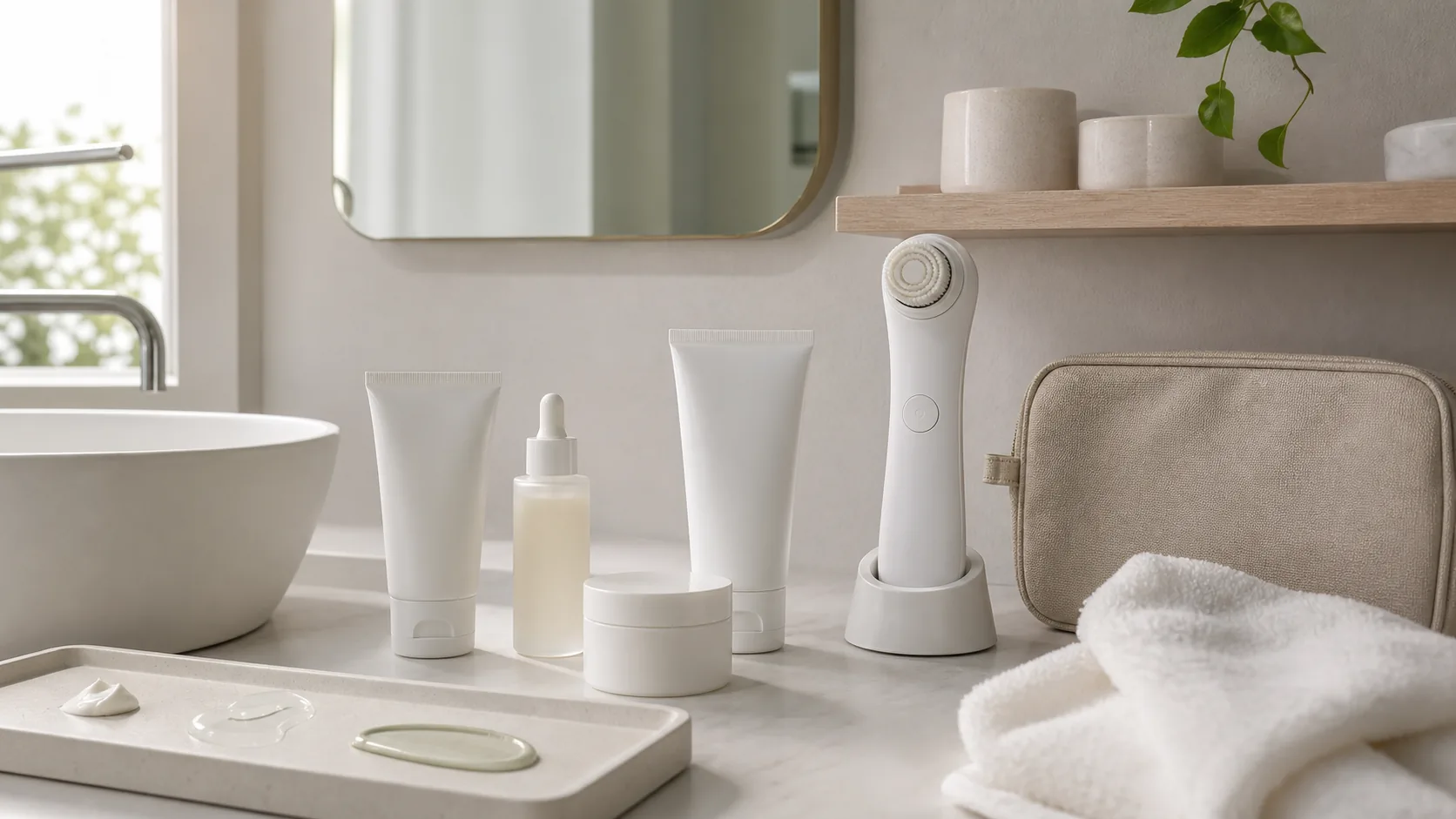 A white handheld facial brush on a charging stand beside four unlabeled skincare containers, folded towels, and product textures.