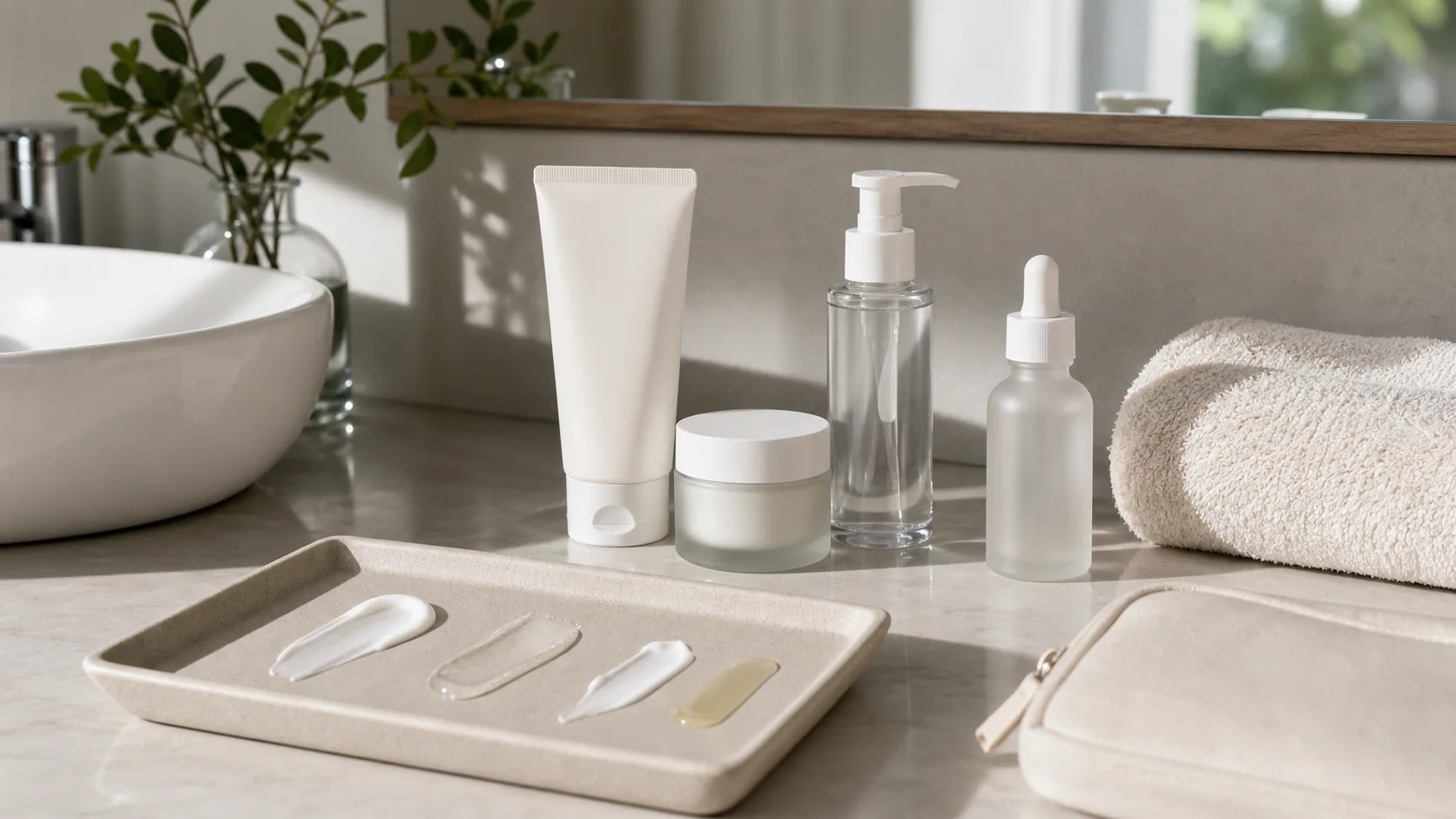 Four unlabeled skincare containers, four product textures, a folded towel, and toiletry bag arranged beside a bathroom sink.