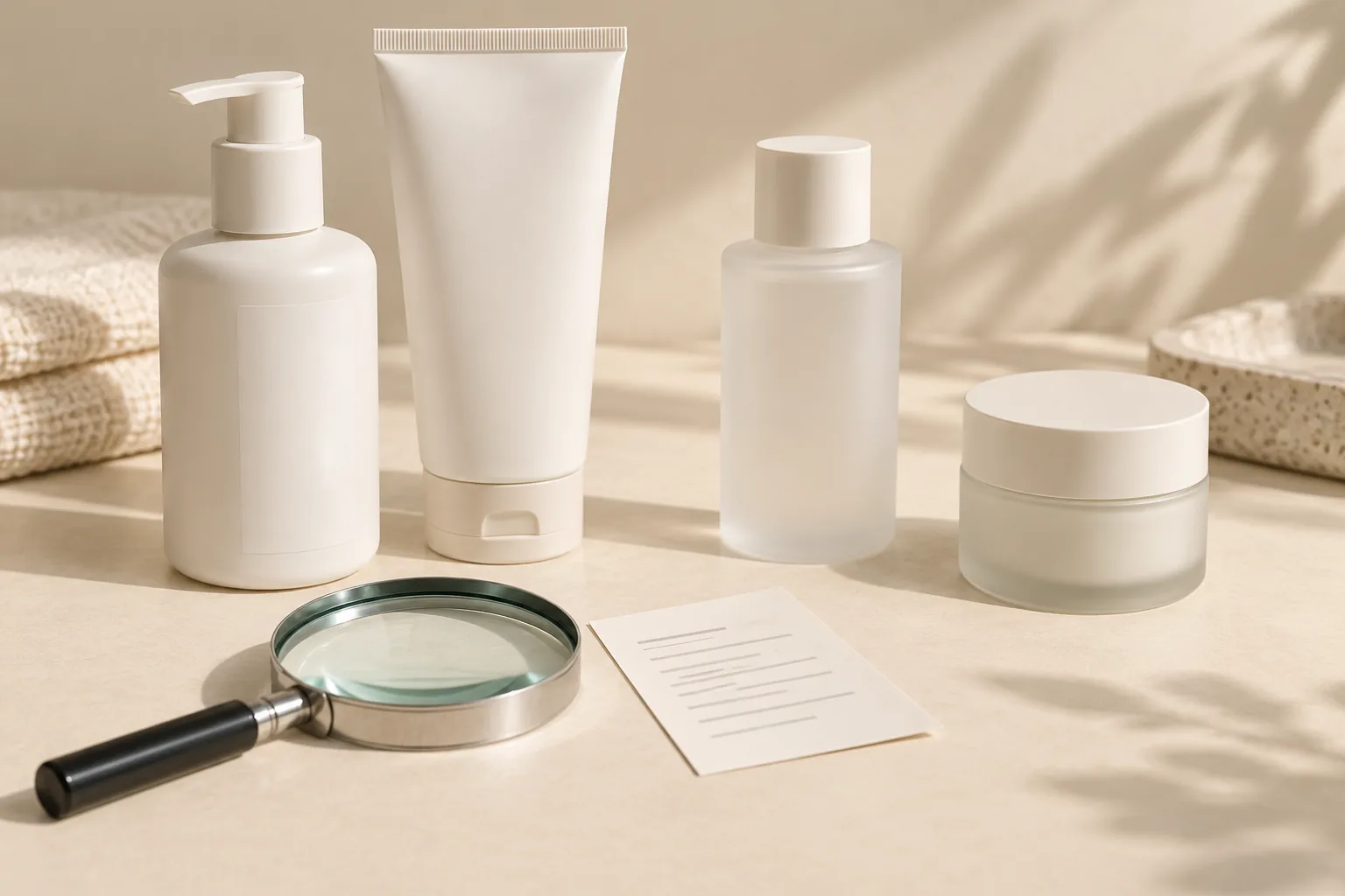 Unlabeled skincare containers with blank label panels, a magnifying glass, and a plain ingredient card with abstract lines.