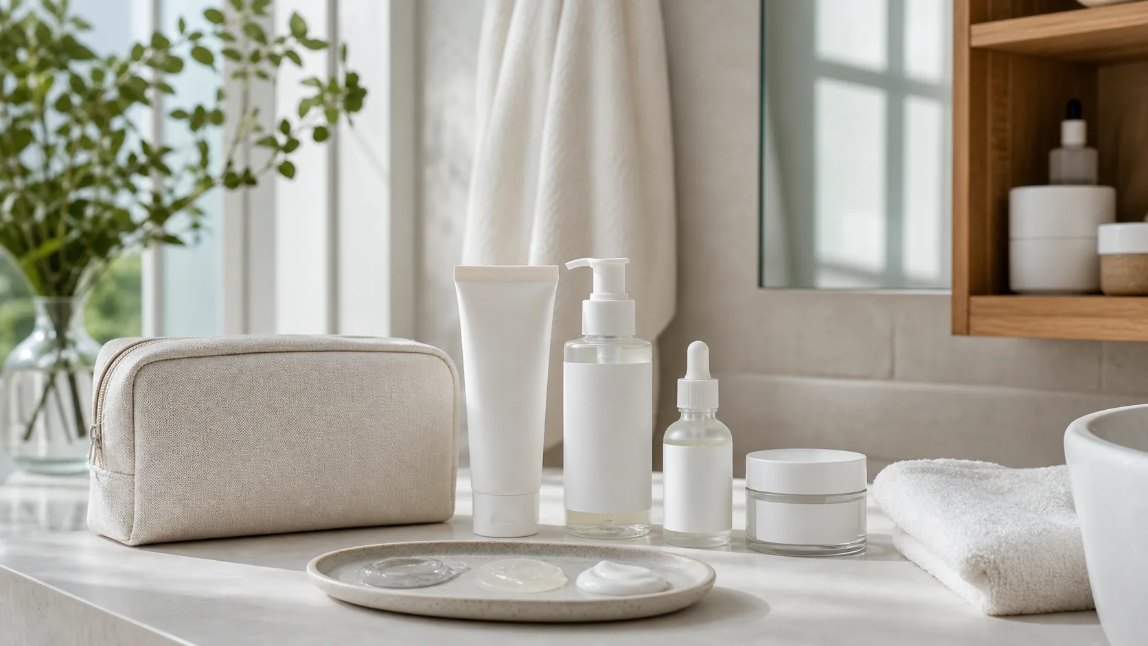 Unlabeled skincare bottles, a jar, dropper, and cream textures arranged on a pale bathroom counter.