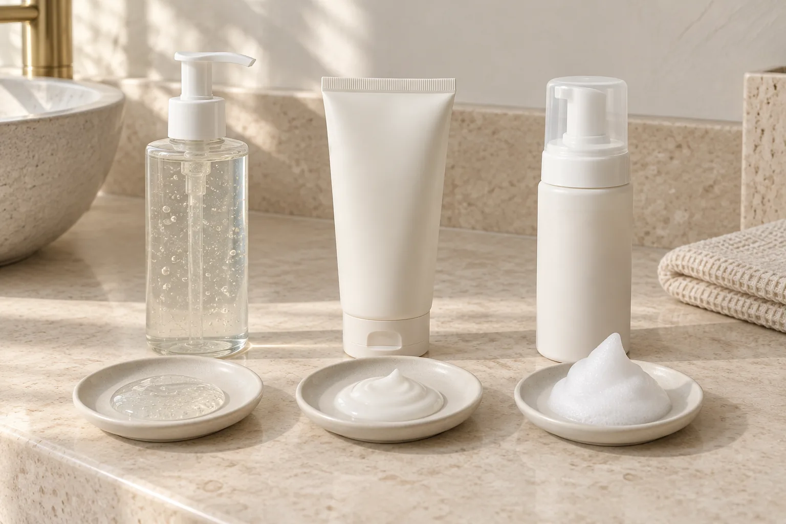 Three unlabeled cleanser containers with separate samples of clear gel, white cream, and airy foam on ceramic dishes.