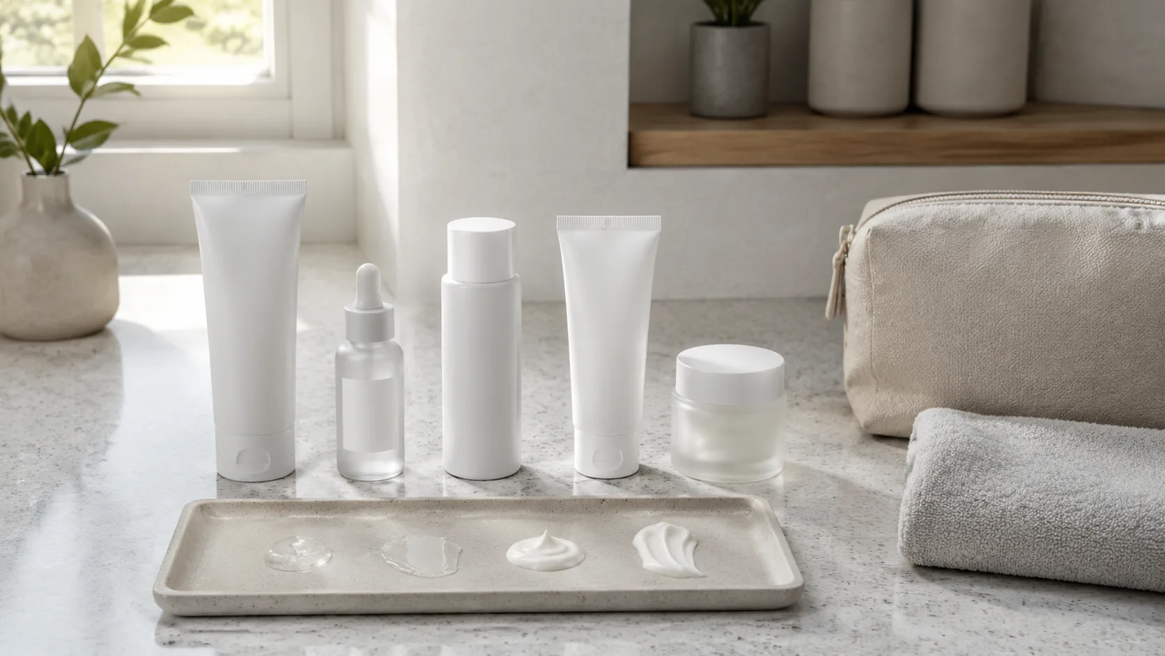 Five unlabeled skincare containers behind a tray with four product textures, next to folded towels and a toiletry bag.
