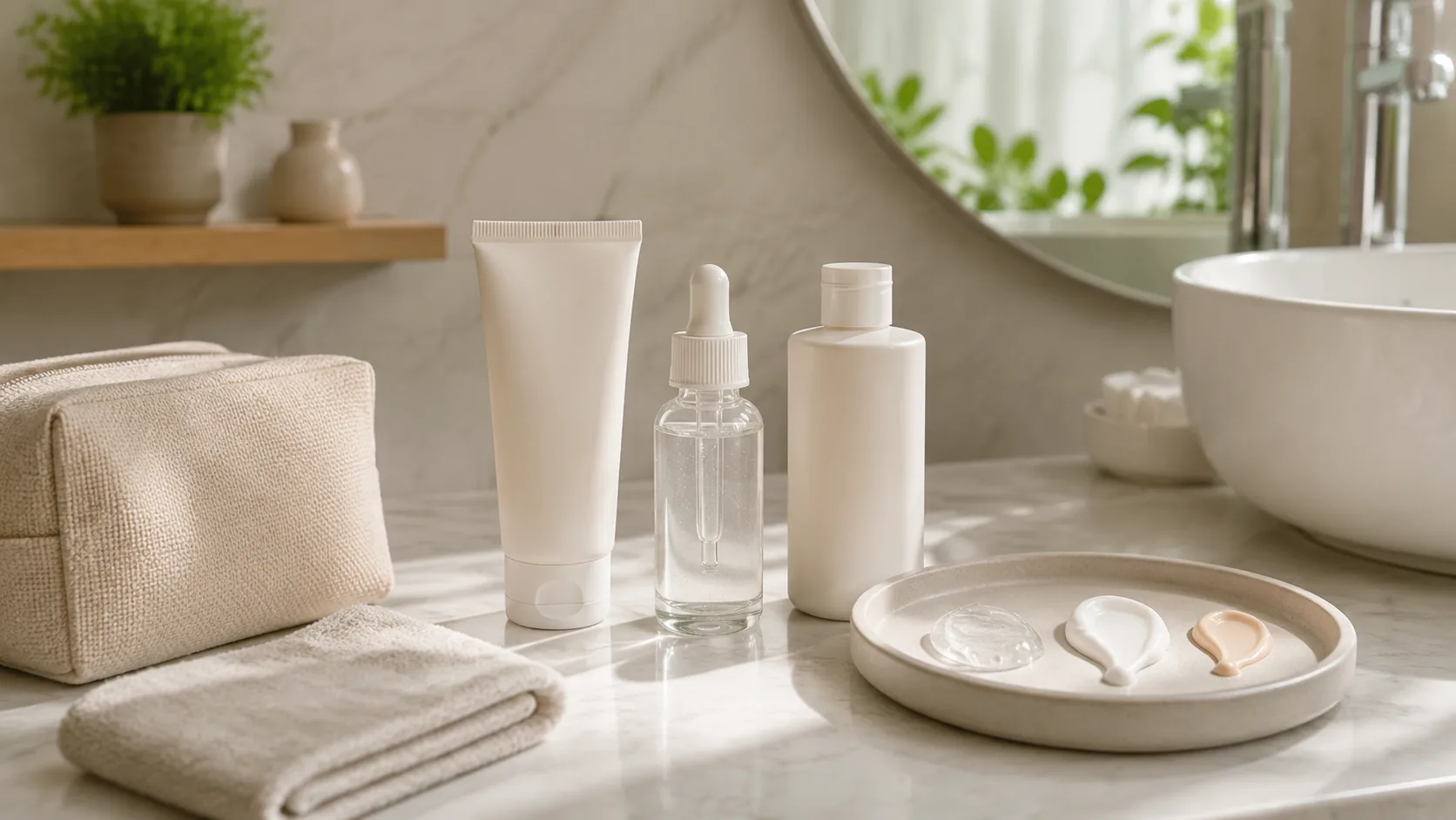 Unlabeled tube, dropper bottle, and capped bottle beside a tray with three skincare textures, folded towels, and a toiletry bag.