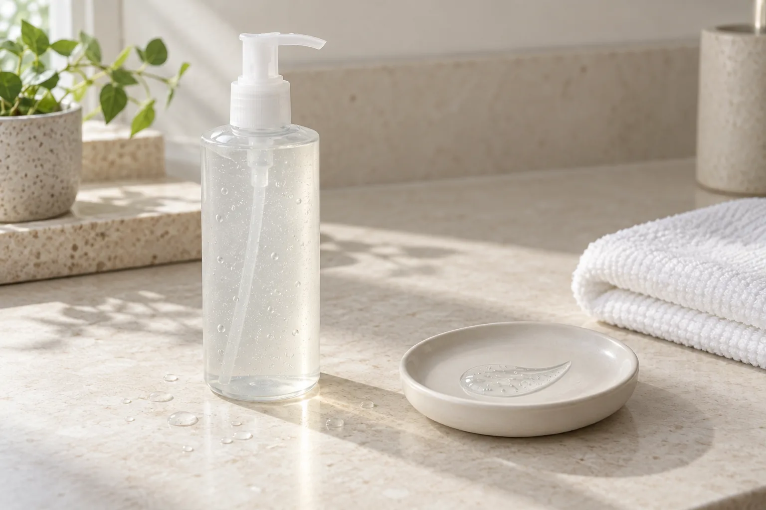 An unlabeled clear pump cleanser, clear gel on a ceramic dish, water droplets, and a folded white washcloth on a pale stone counter.
