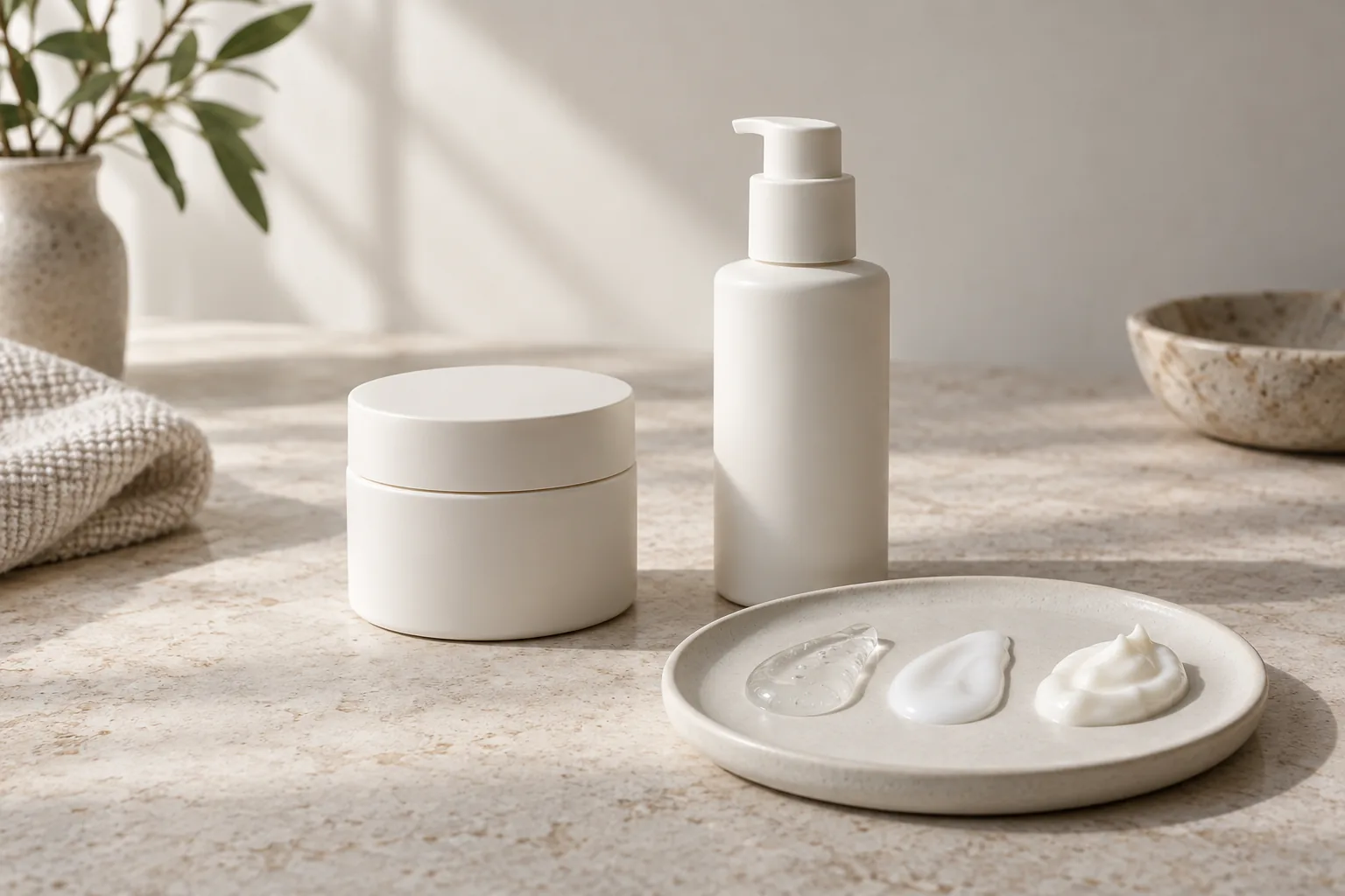 Unlabeled moisturizer containers beside clear gel, light lotion, and rich cream textures on a ceramic palette.