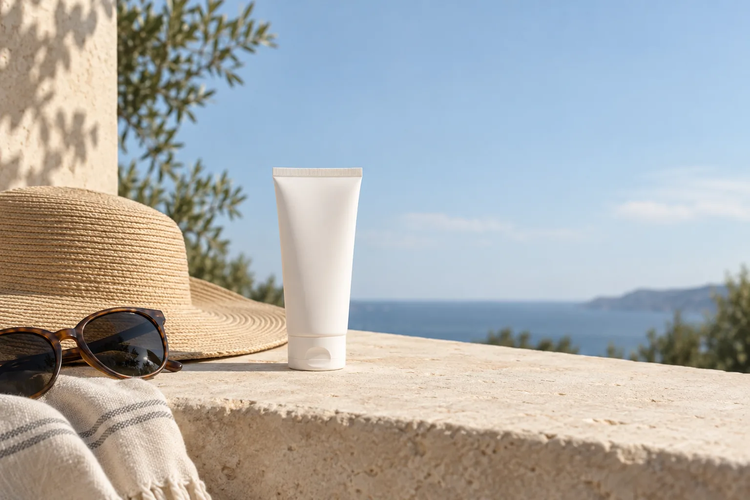 An unlabeled sunscreen tube beside a wide-brim hat and sunglasses on a pale stone ledge in outdoor light.