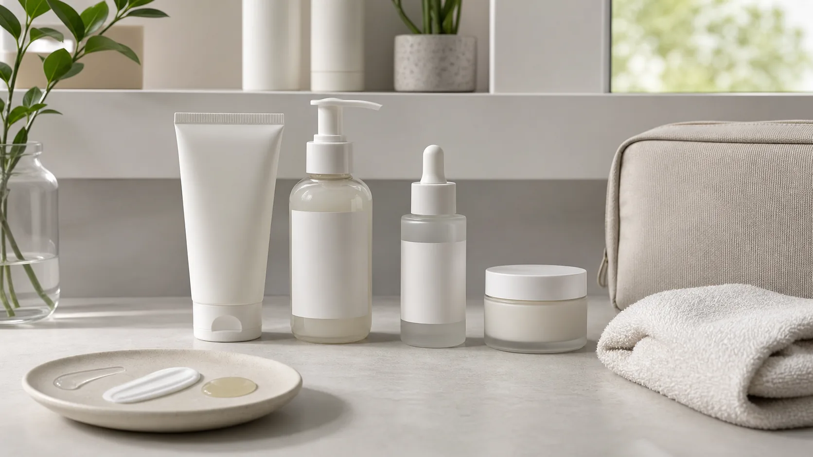 Four unlabeled skincare containers beside folded towels, a toiletry bag, and three product textures on a small dish.