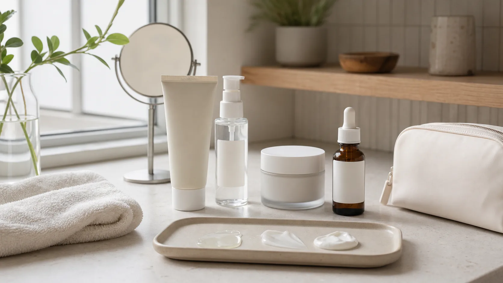 Four unlabeled skincare containers, a tabletop mirror, folded towels, and a toiletry bag on a bathroom counter.