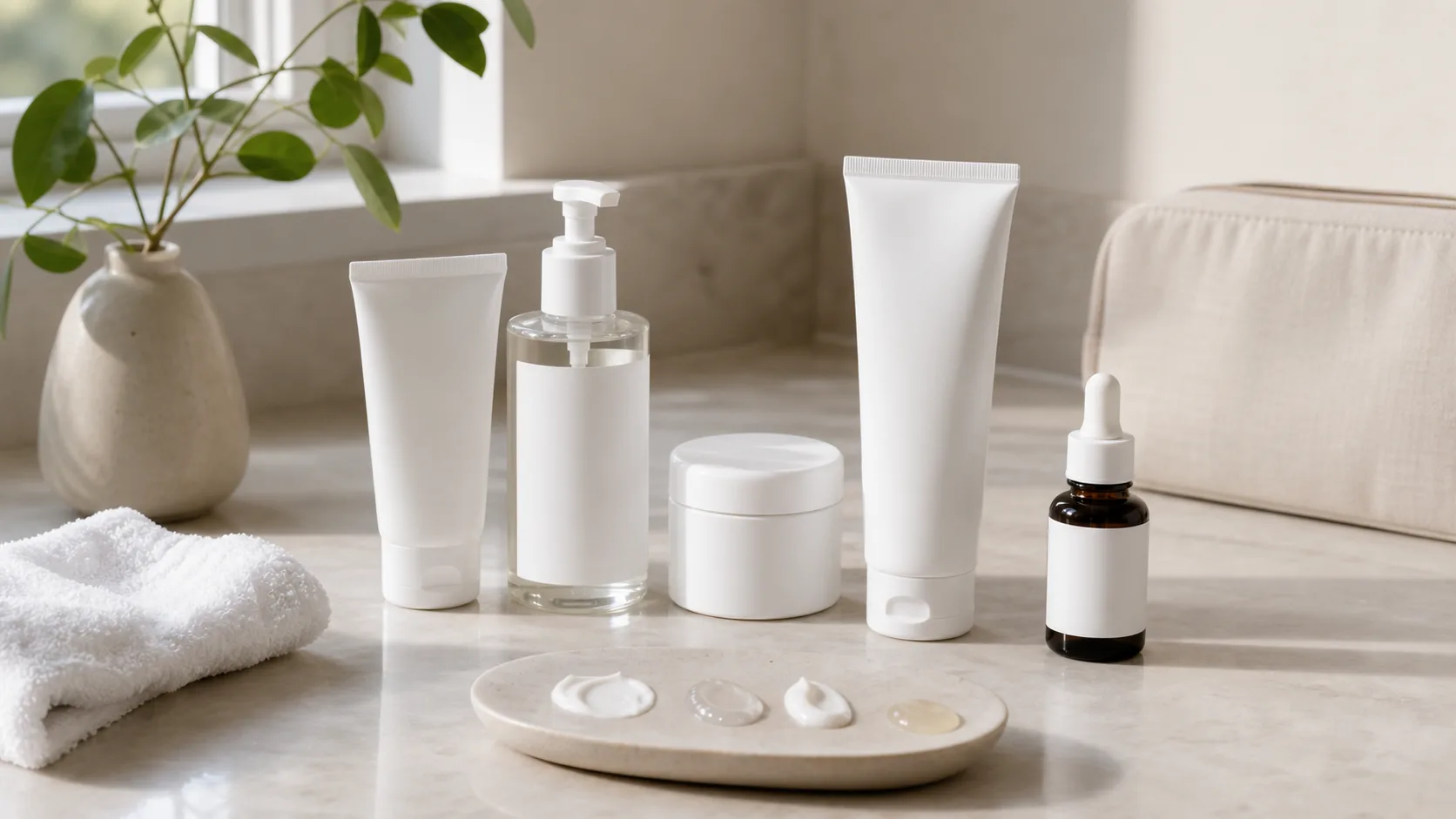 Five unlabeled skincare containers beside a folded towel, toiletry bag, plant, and four product textures on a small dish.