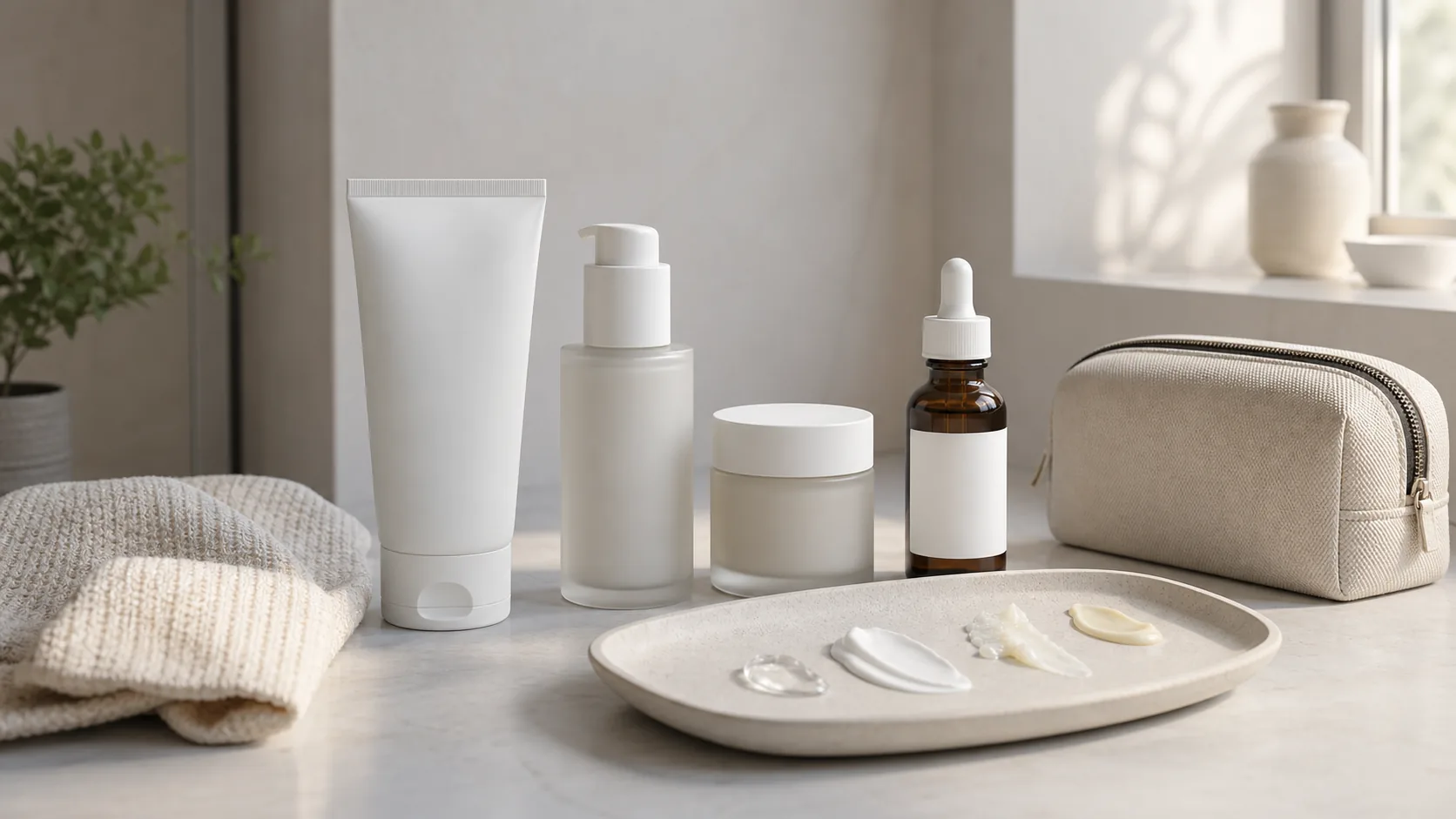 Unlabeled skincare tubes, pump bottle, jar, and dropper bottle beside a toiletry bag and a tray of product textures.
