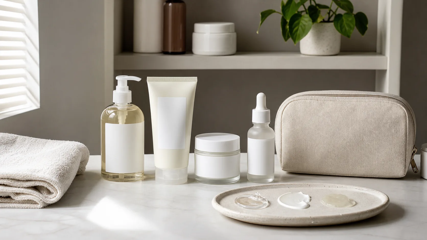 Unlabeled cleanser, tube, cream jar, and dropper bottle displayed with folded towels and product textures.