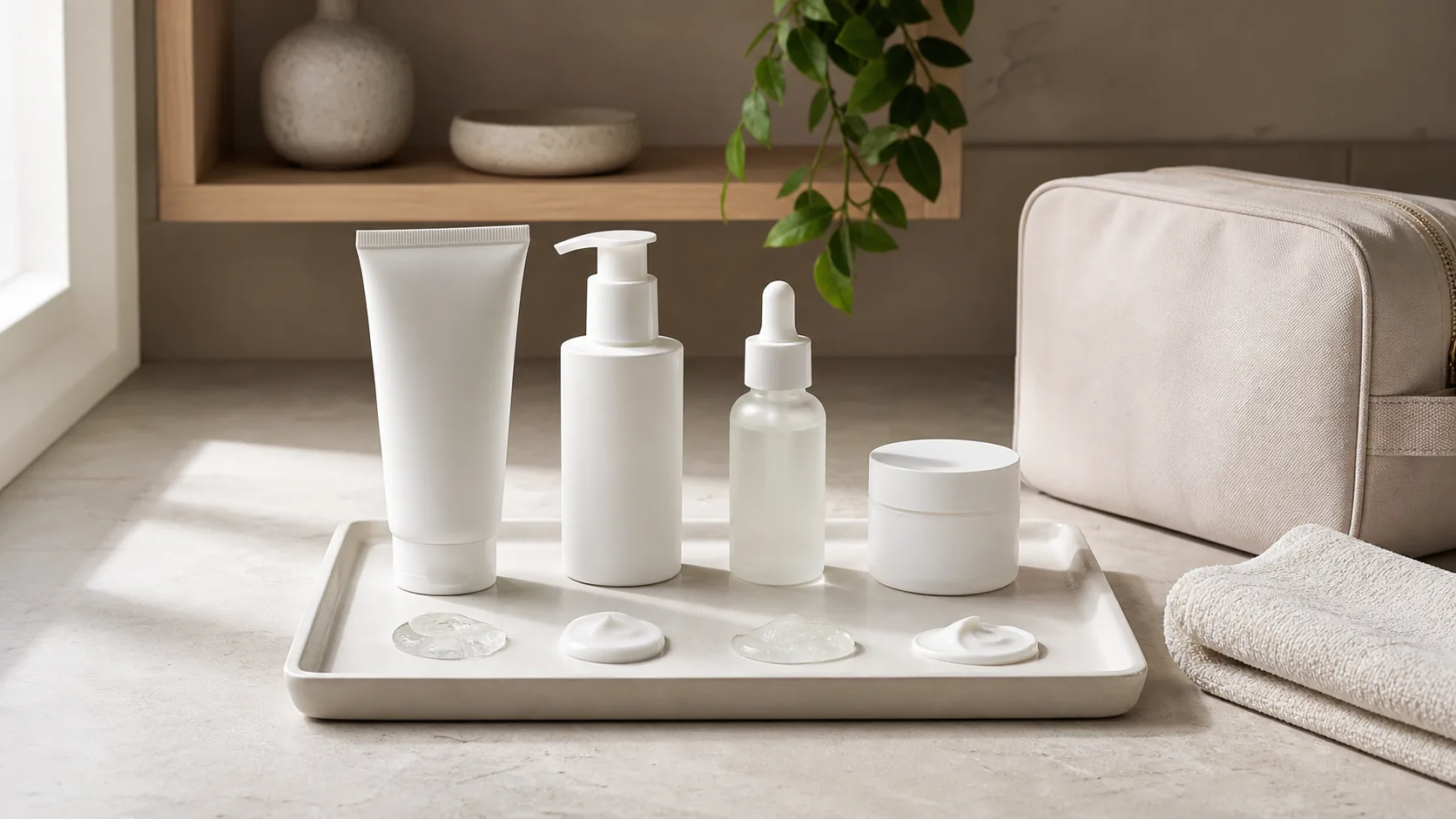 Four unlabeled skincare containers and four product textures arranged on a tray beside a towel and toiletry bag.