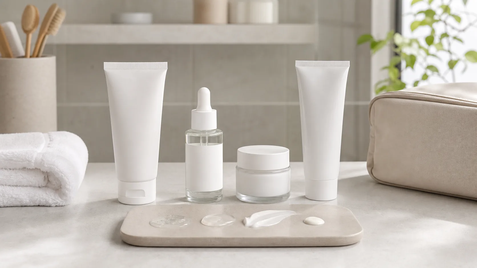 Two unlabeled tubes, a dropper bottle, and a cream jar behind a tray with four skincare textures, beside folded towels and a toiletry bag.