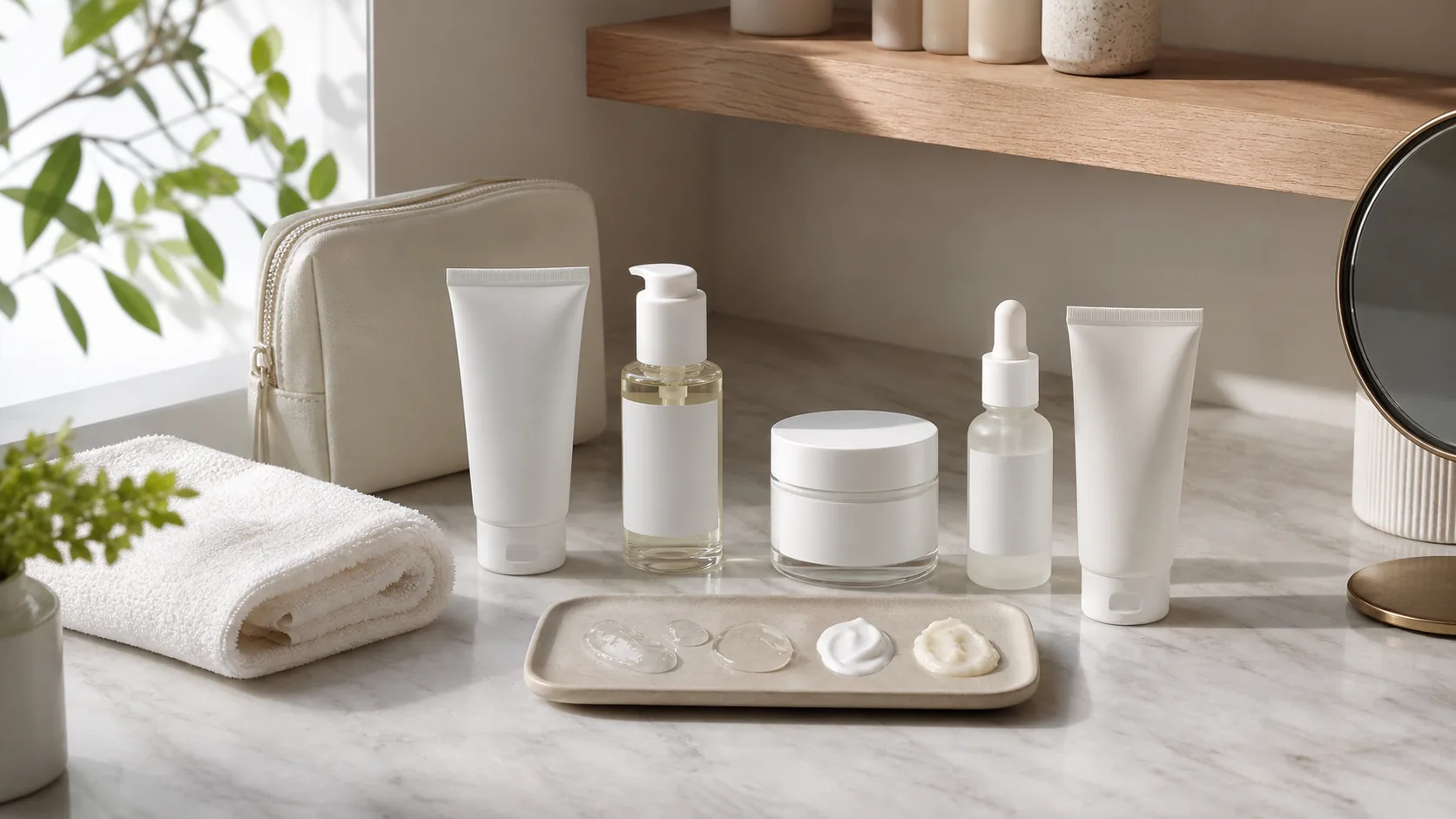 Six unlabeled skincare containers behind a tray with four clear and cream textures, beside a folded towel, mirror, and toiletry bag.