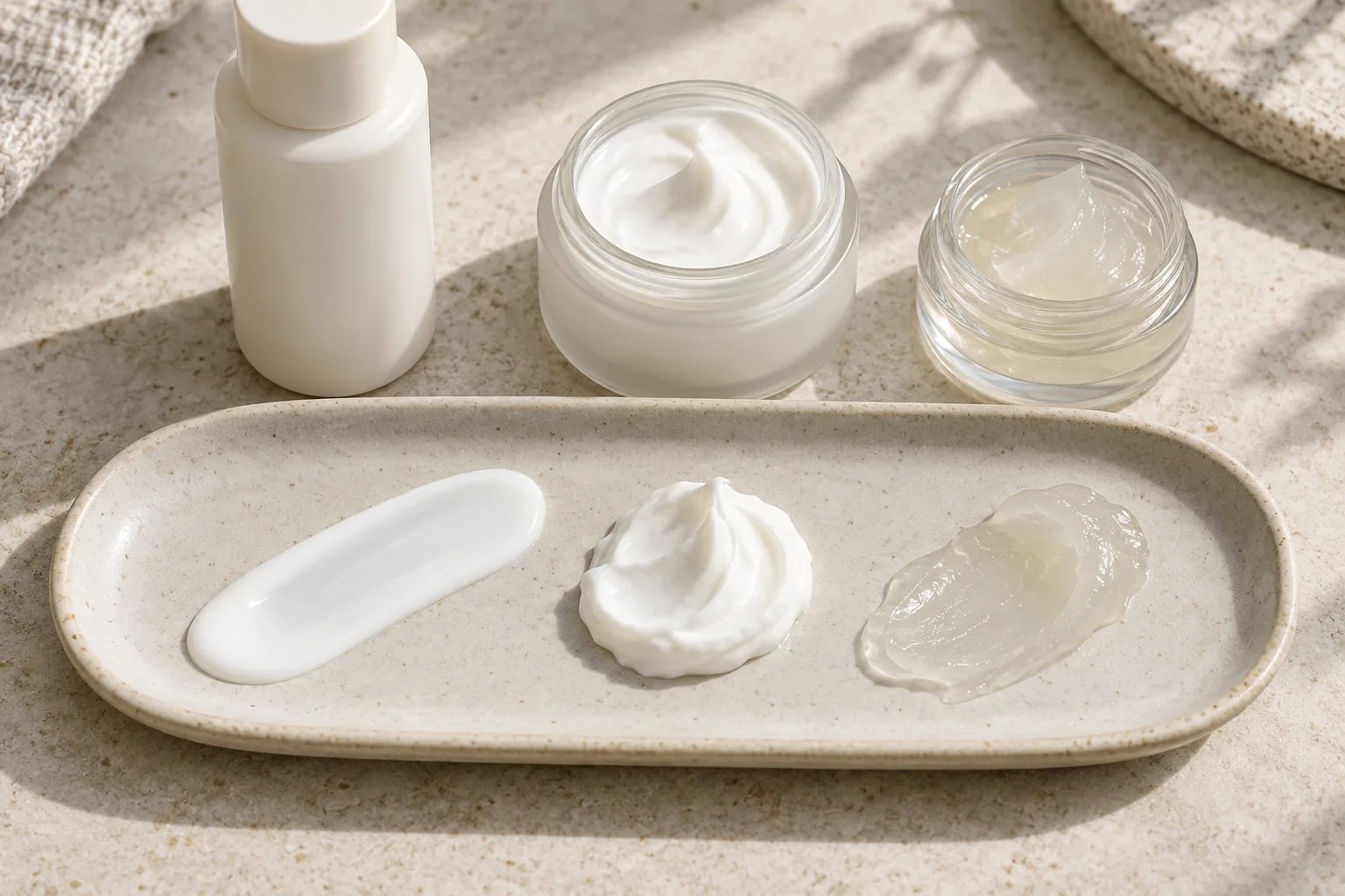Unlabeled moisturizer containers with separate samples of fluid lotion, thick cream, and translucent ointment on a ceramic palette.