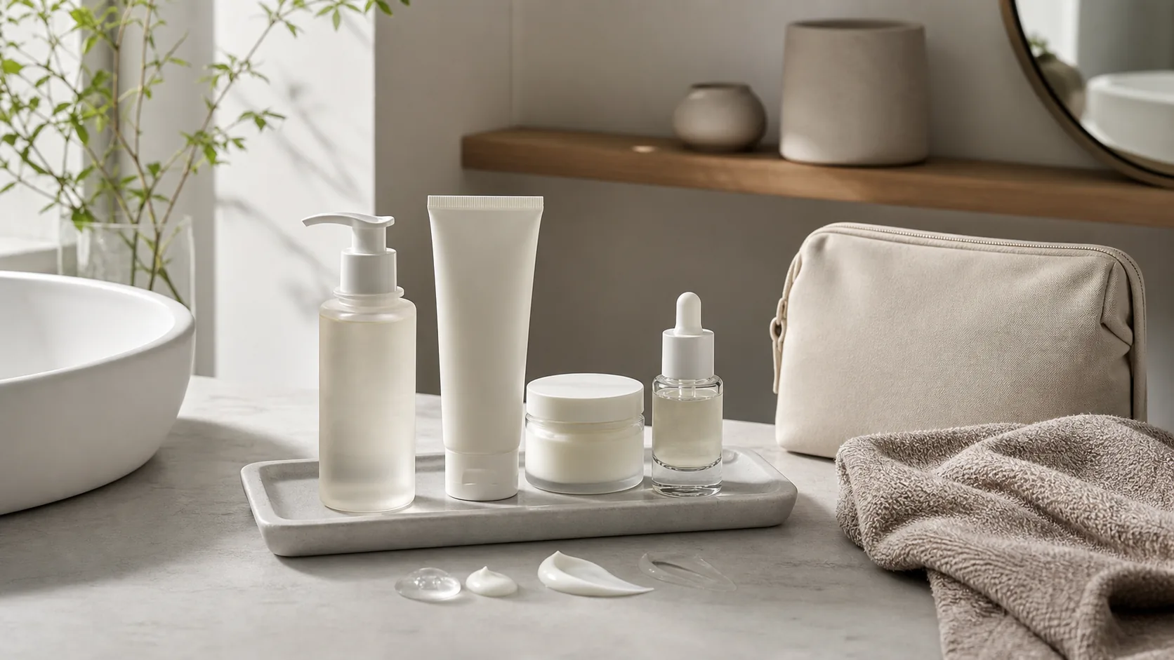Four unlabeled skincare containers on a tray beside a washbasin, towel, and toiletry bag.