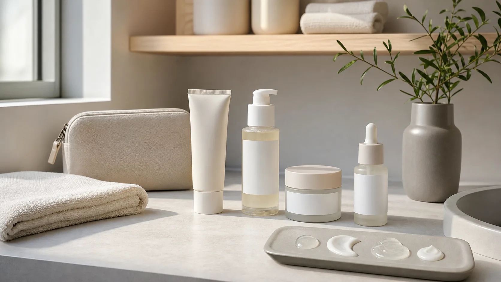 Unlabeled tube, pump bottle, cream jar, and dropper bottle arranged near a sink, towels, and toiletry bag.
