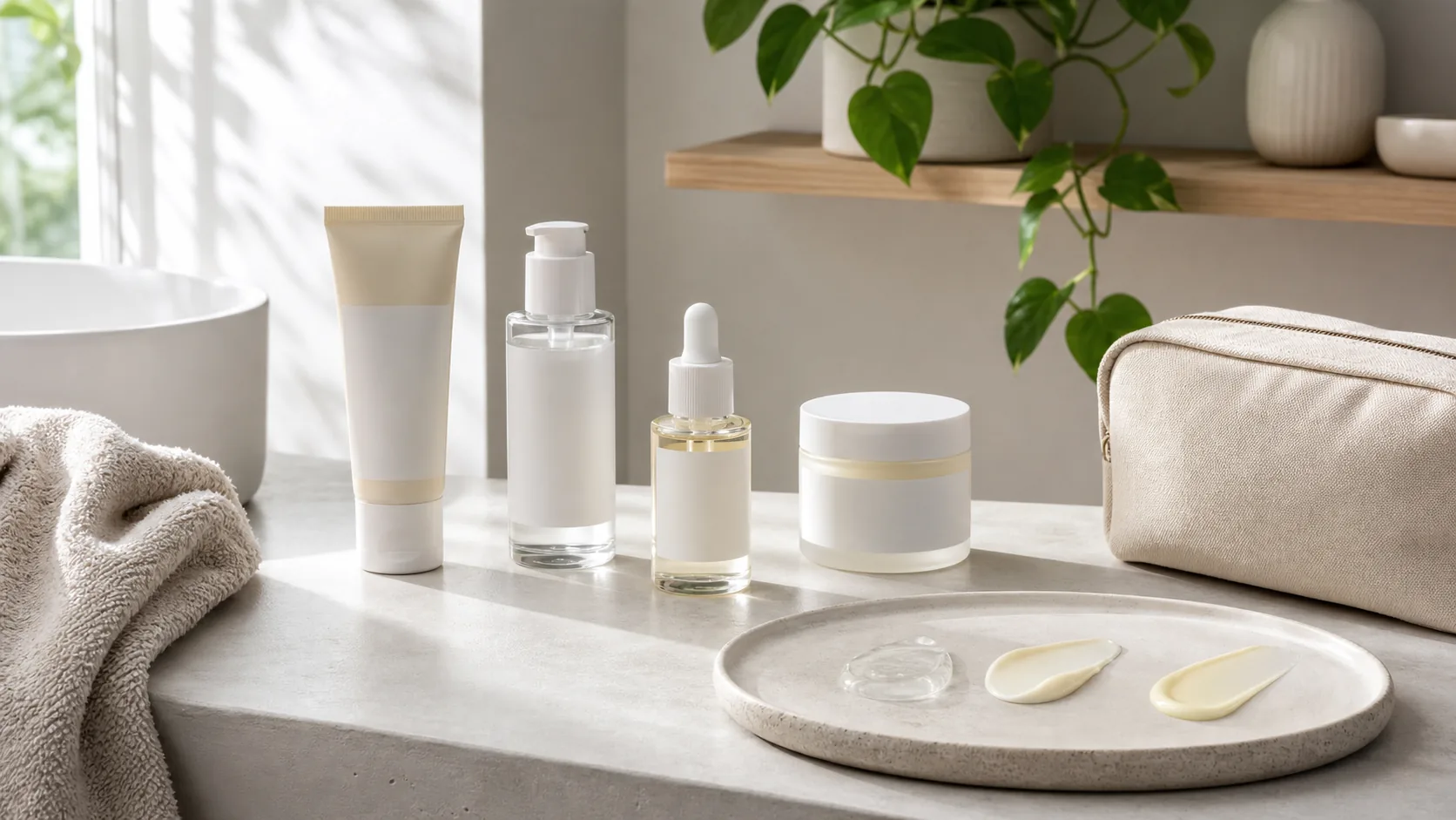 Four unlabeled skincare containers and clear, cream, and lotion textures arranged in daylight.