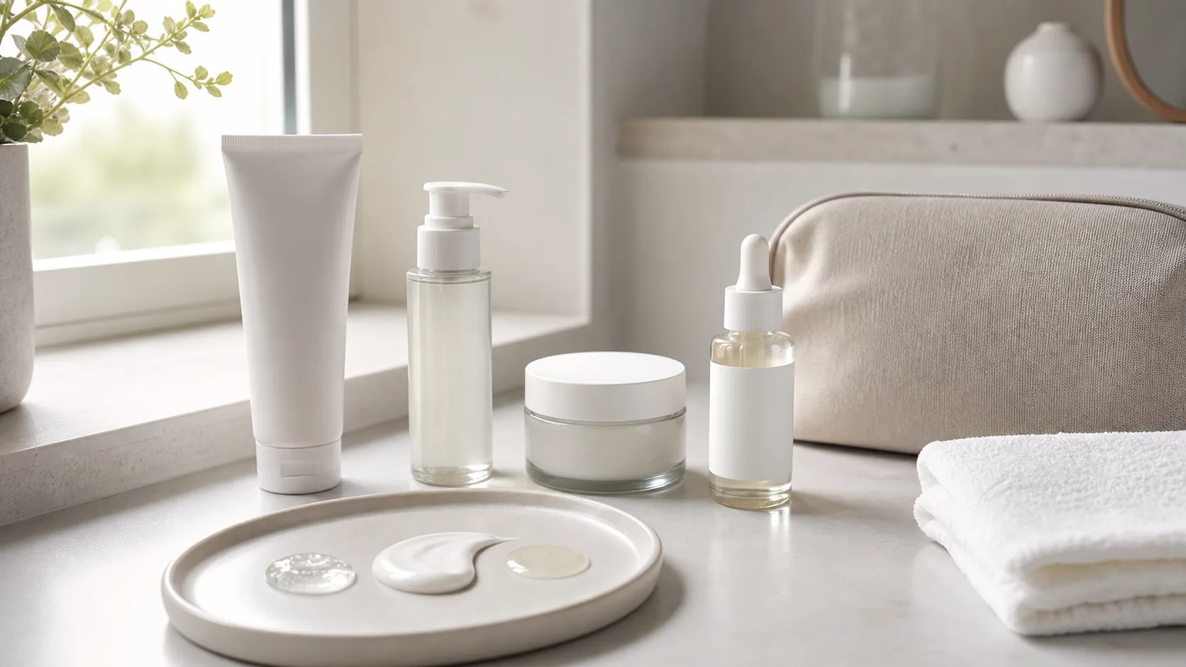 Four unlabeled skincare containers and three product textures arranged beside a folded towel and toiletry bag.
