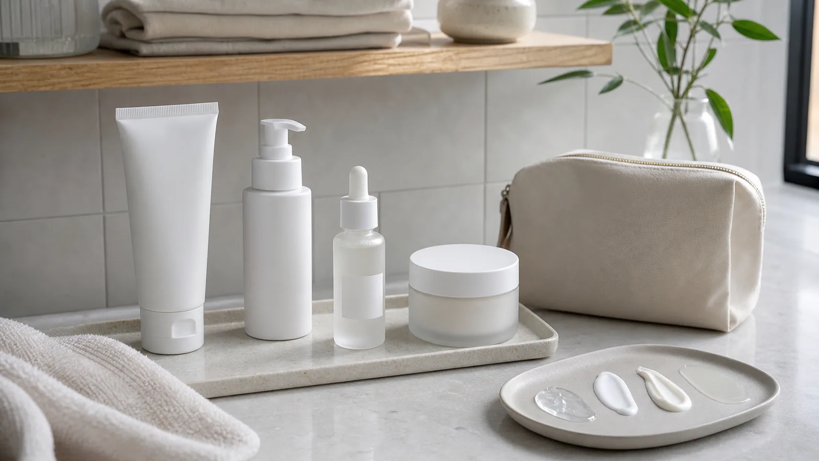Four unlabeled skincare containers on a tray beside folded towels, a toiletry bag, and four product textures on a dish.