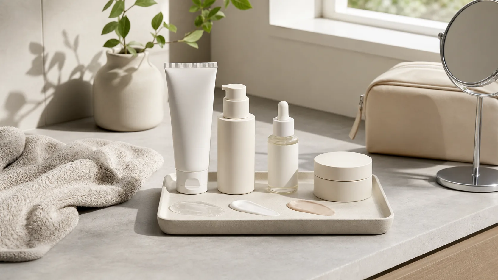 Four unlabeled skincare containers and three product textures on a tray beside folded towels and a tabletop mirror.