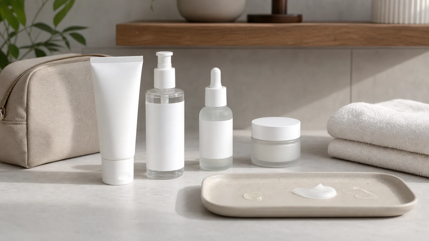 Four unlabeled skincare containers beside a tray with three product textures, folded towels, and a toiletry bag.