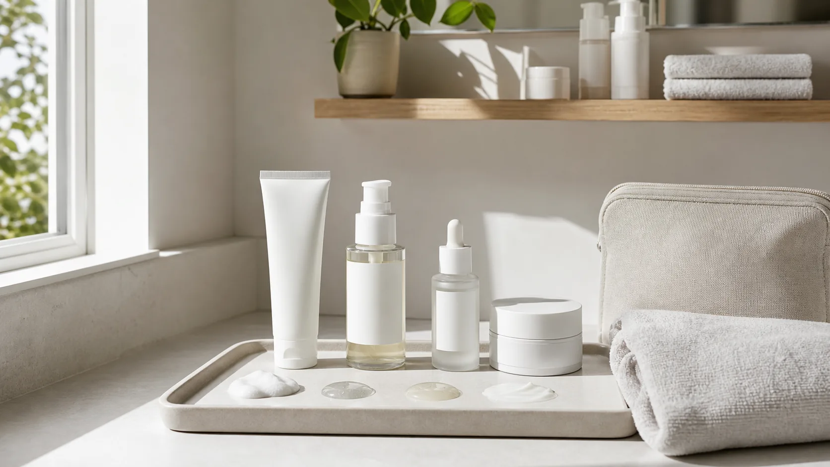 Four unlabeled skincare containers on a tray beside folded towels and a beige toiletry bag.