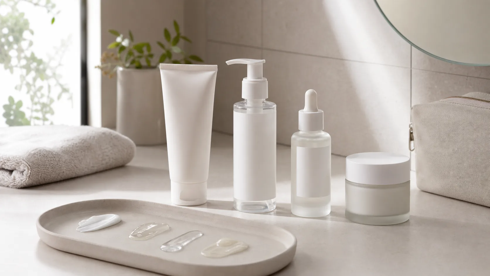 Four unlabeled skincare containers and four clear and cream product textures beside a towel and toiletry bag.
