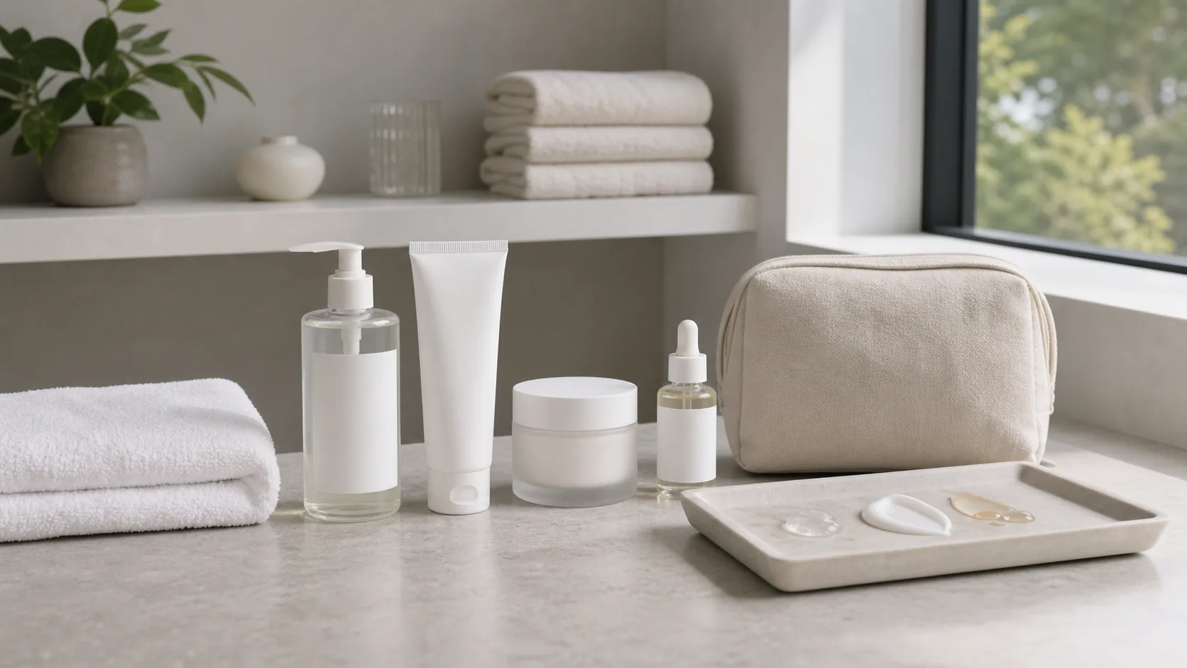 Four unlabeled skincare containers, a toiletry bag, folded towels, and three product textures arranged on a bathroom counter.