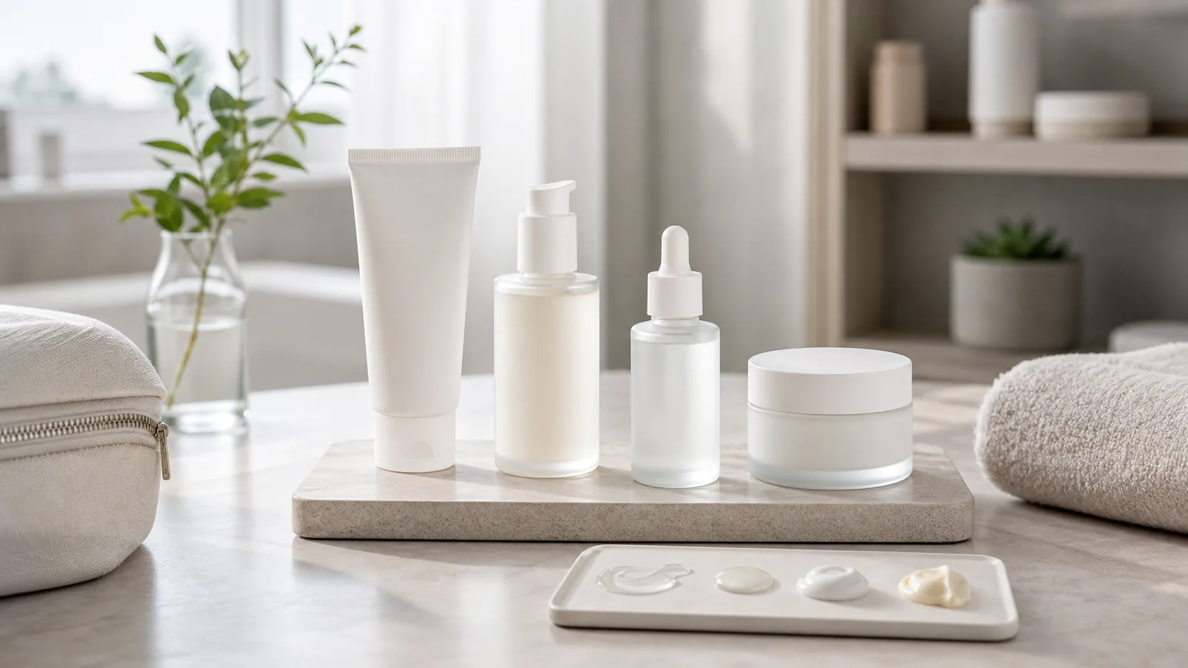 Four unlabeled skincare containers and four product textures arranged with folded towels in soft daylight.