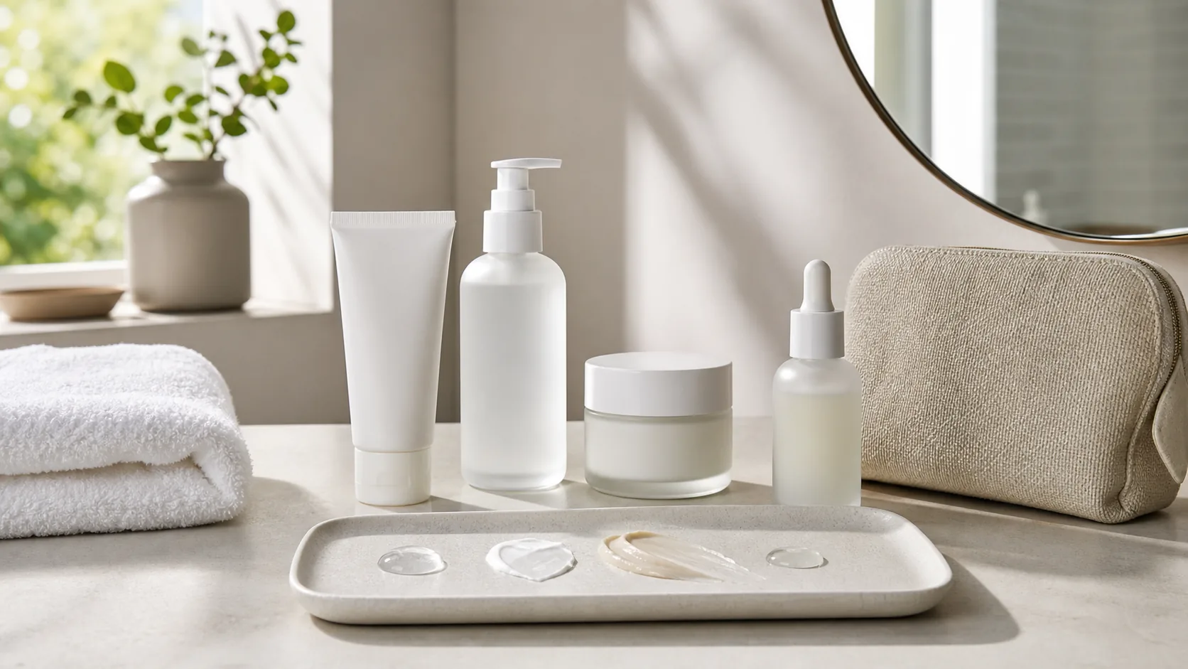 Four unlabeled skincare containers, a toiletry bag, and four product textures on a sunlit bathroom counter.
