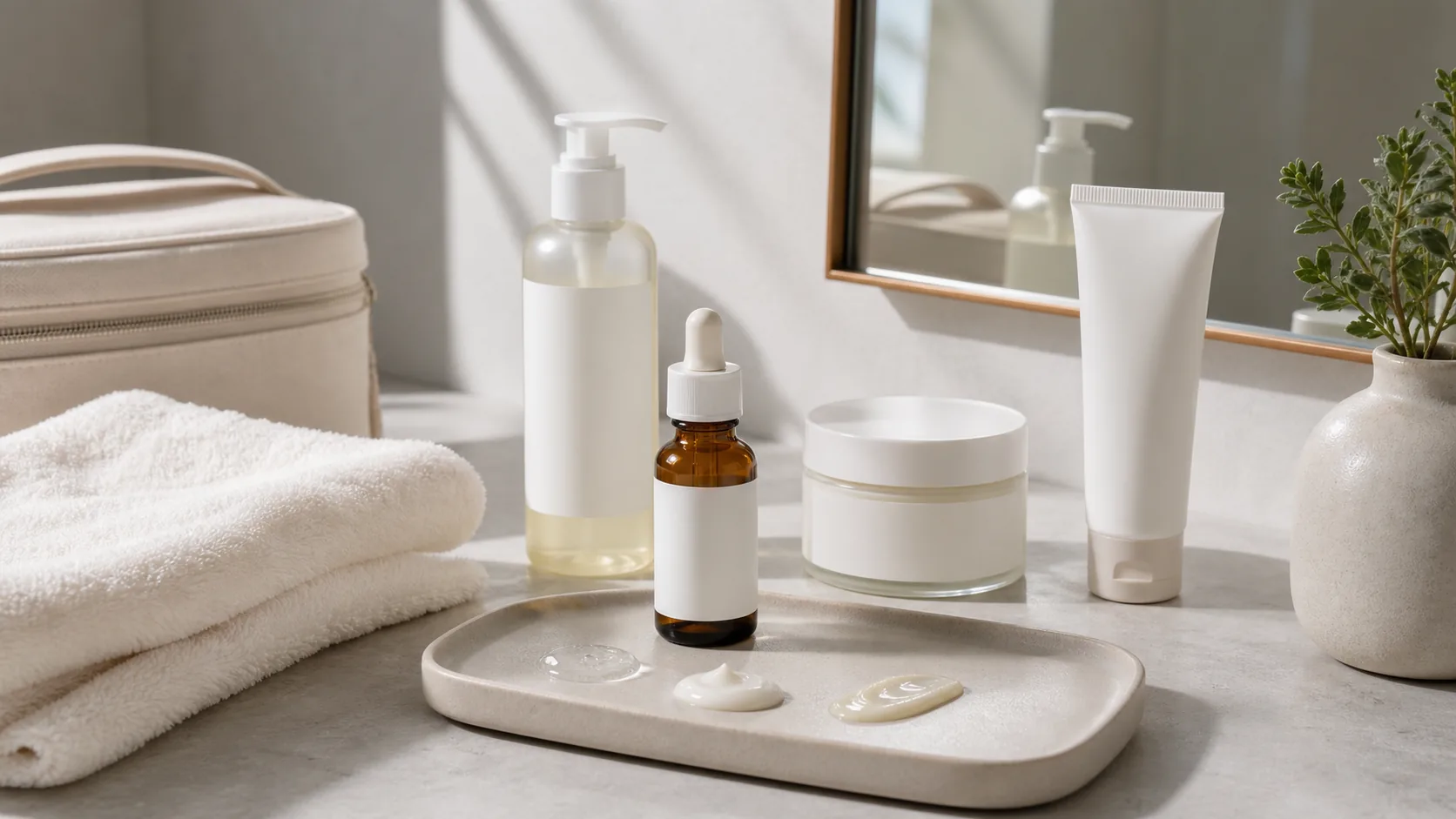 Four unlabeled skincare containers on a bathroom counter beside folded towels, a mirror, plant, and three product textures on a tray.