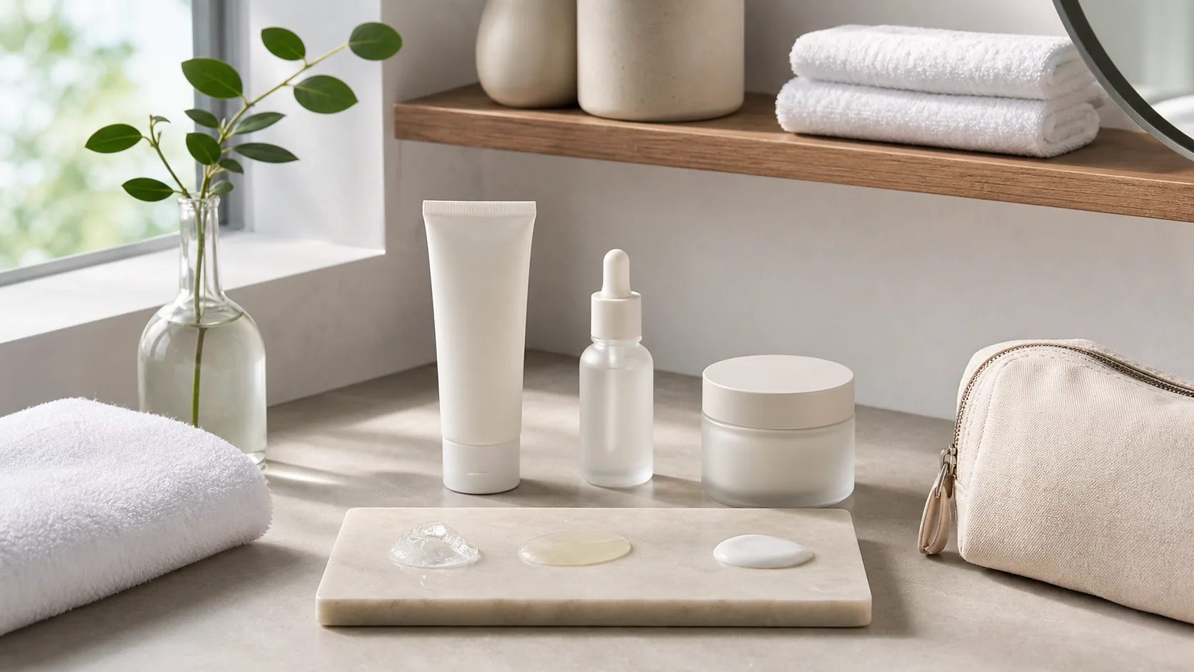Three unlabeled skincare containers beside a folded towel, toiletry bag, small plant cutting, and three product textures.