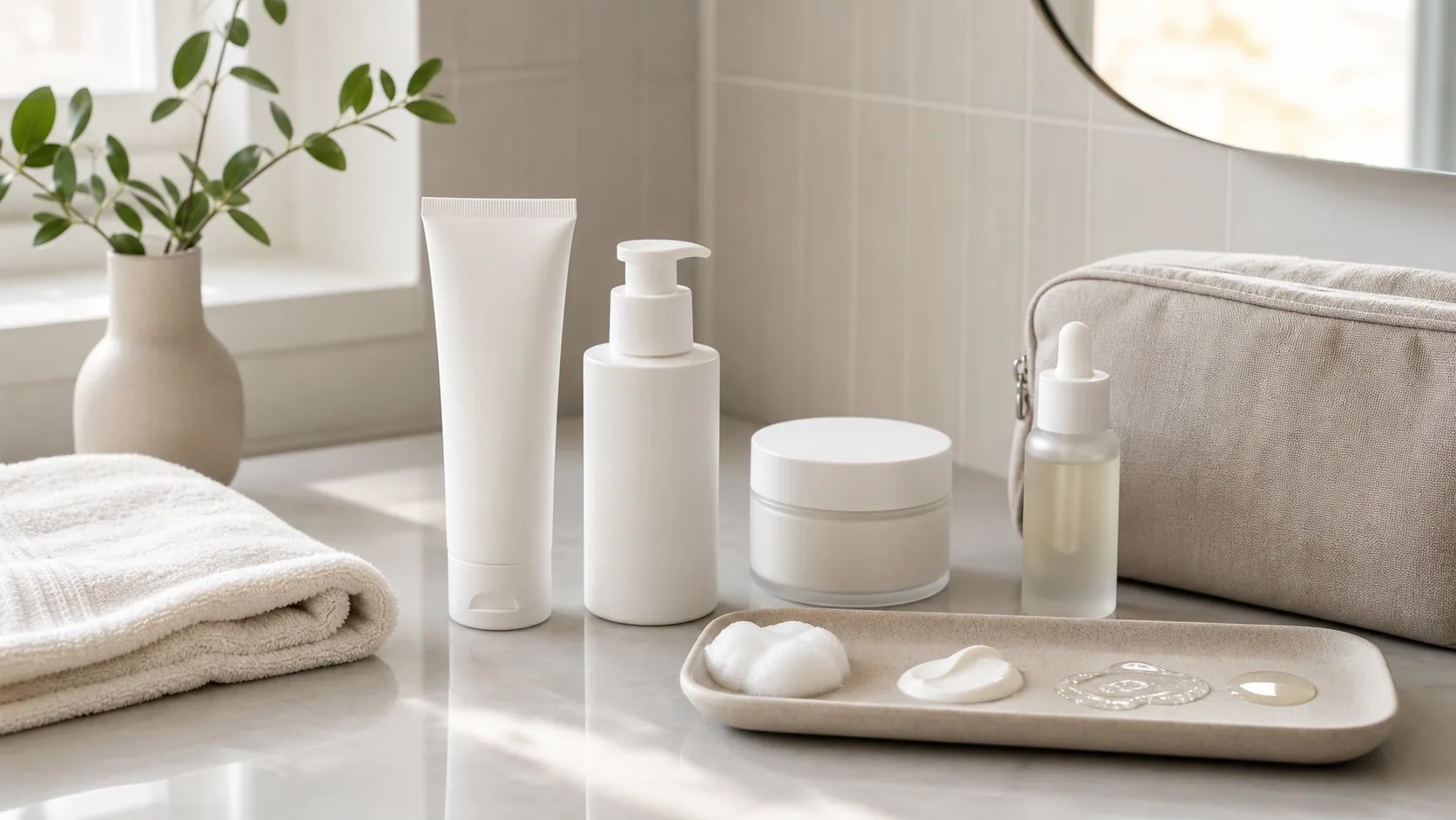 Unlabeled tube, pump bottle, cream jar, and dropper bottle arranged beside a folded towel and toiletry bag.