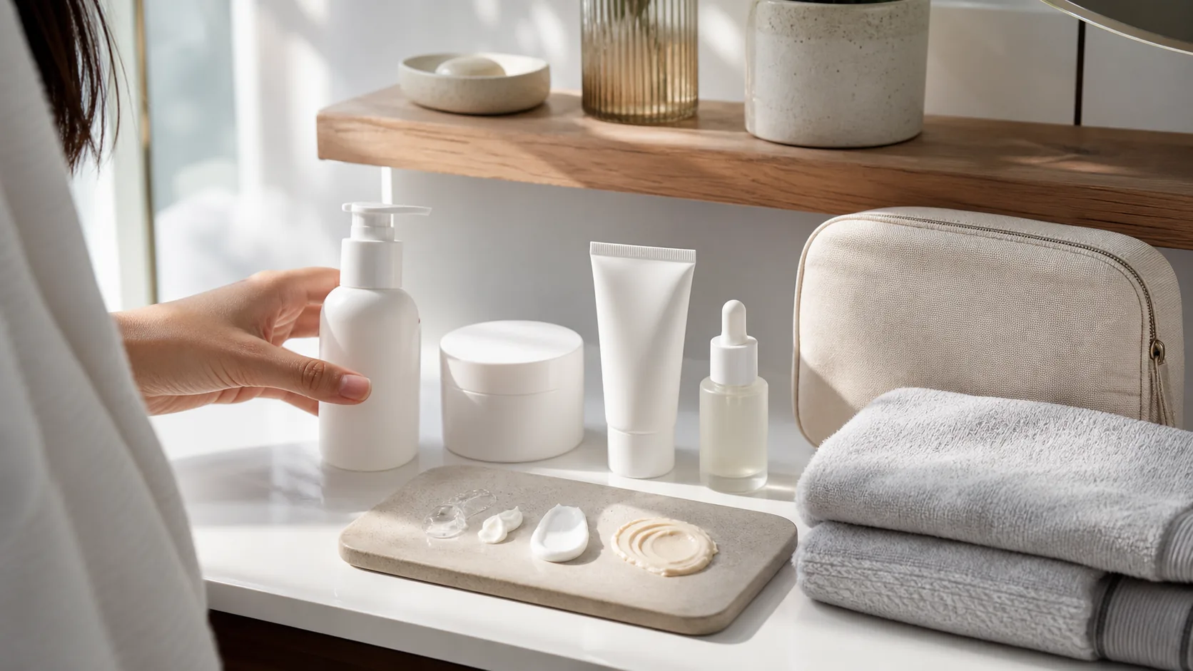 A person reaching for an unlabeled pump bottle beside other skincare containers, towels, and a toiletry bag.