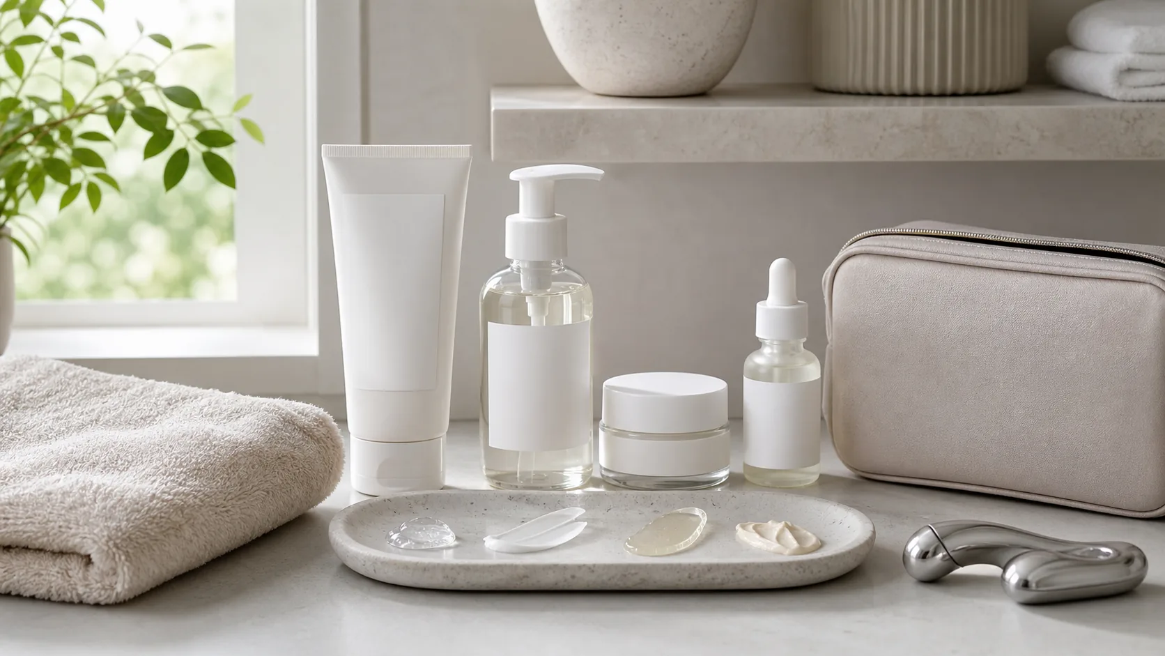 Four unlabeled skincare containers beside a toiletry bag, folded towels, a tray of product textures, and a silver handheld tool.